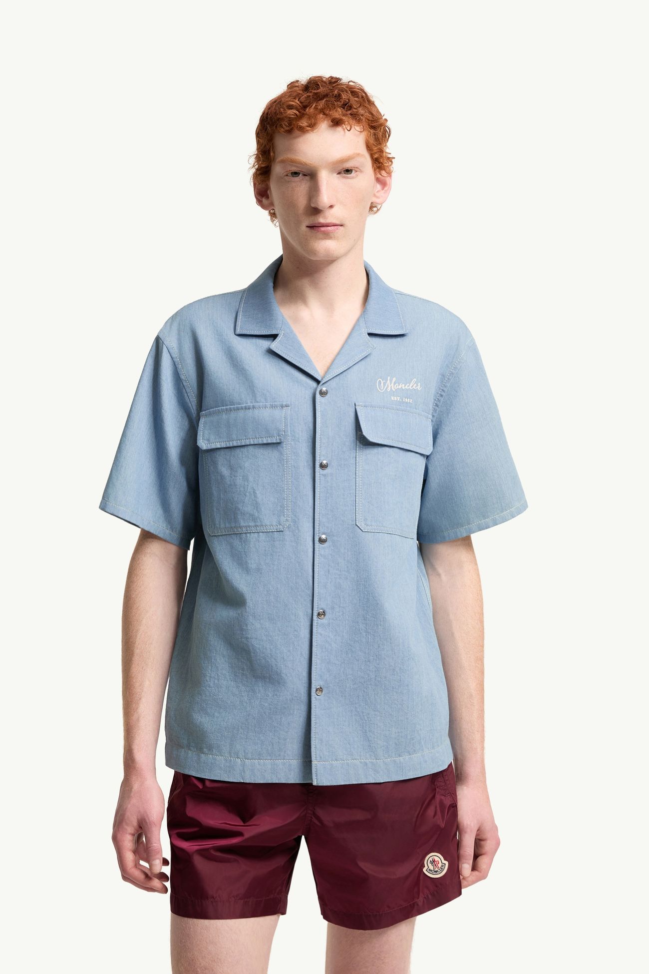Embroidered Logo Denim Shirt Men Pastel Blue Moncler 3