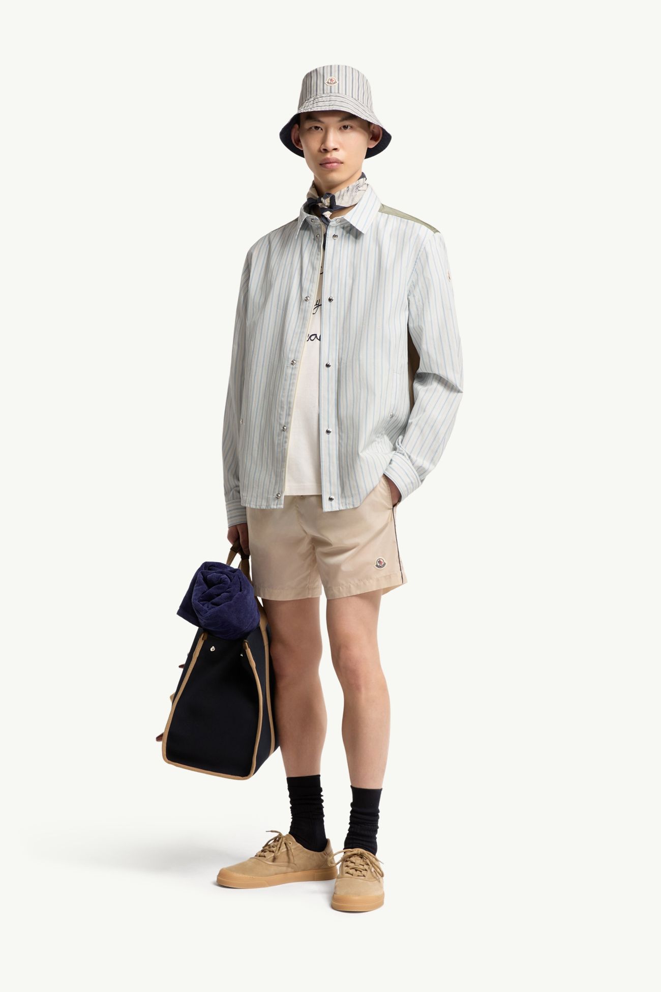 Camicia a righe in popeline di cotone Uomo Celeste Moncler 0