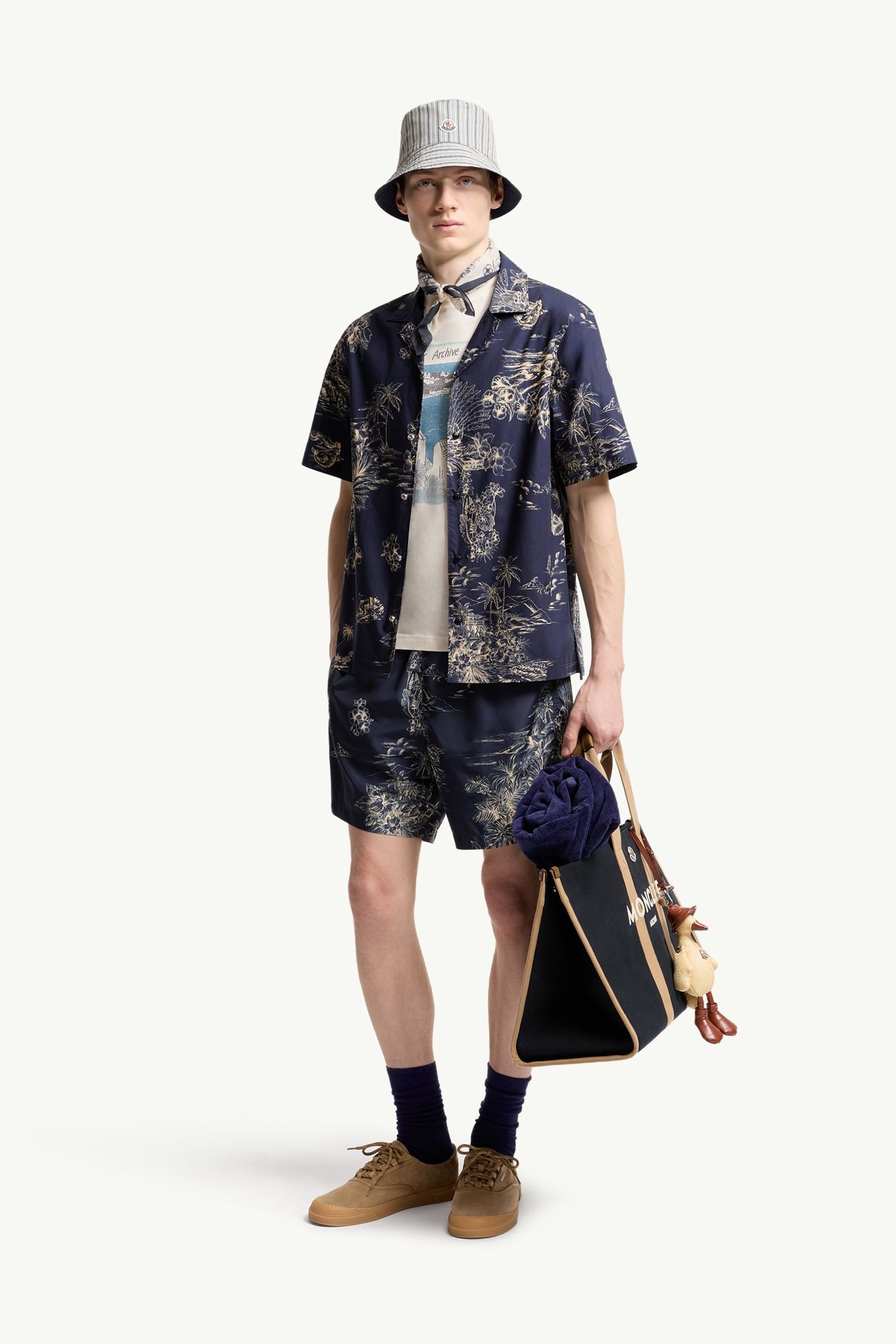 Floral Print Short Sleeve Cotton Shirt Men Navy Blue Moncler 0