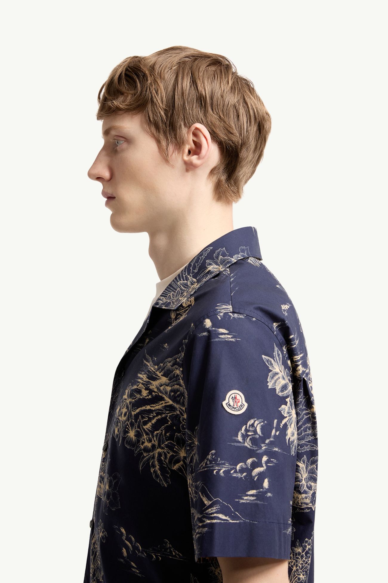 Camicia a Maniche Corte in Cotone con Stampa Floreale Uomo Blu Navy Moncler 1