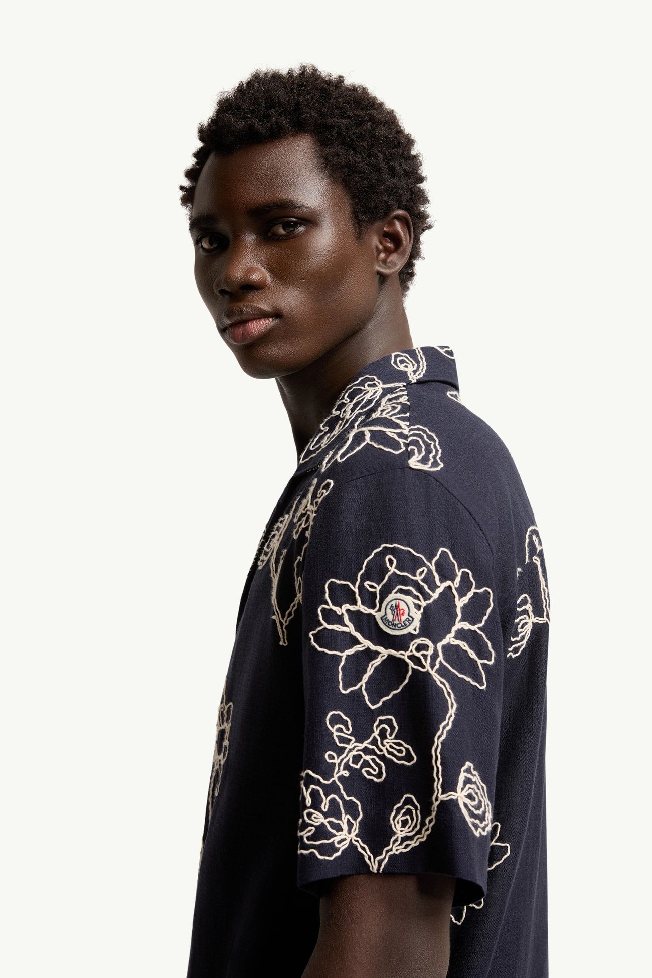 Embroidered Linen Blend Shirt Men Blue Moncler 1