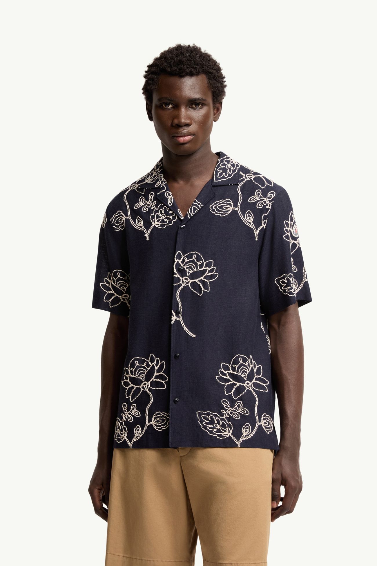 Embroidered Linen Blend Shirt Men Blue Moncler 3