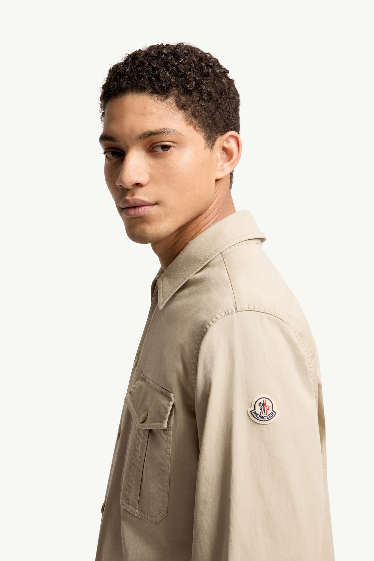 Cotton Blend Gabardine Long Sleeve Shirt Men Light Beige Moncler 1