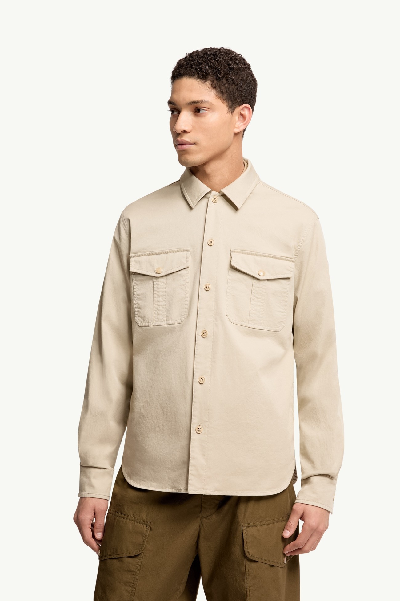 Cotton Blend Gabardine Long Sleeve Shirt Men Light Beige Moncler 3