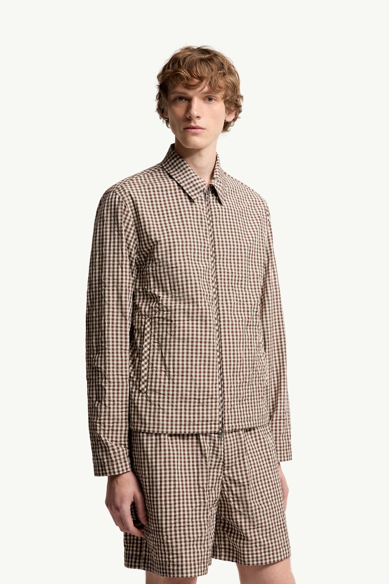 Surchemise zippée en coton mélangé à motif vichy Hommes Blanc & Marron Moncler 3