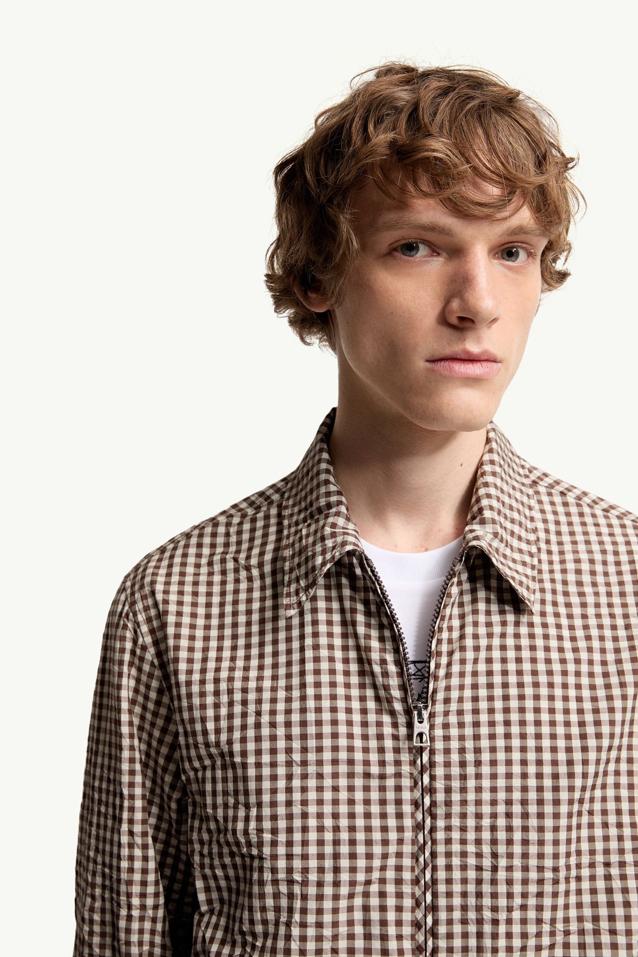 Chemise zippée en coton mélangé à motif vichy Hommes Blanc & Marron Moncler 5