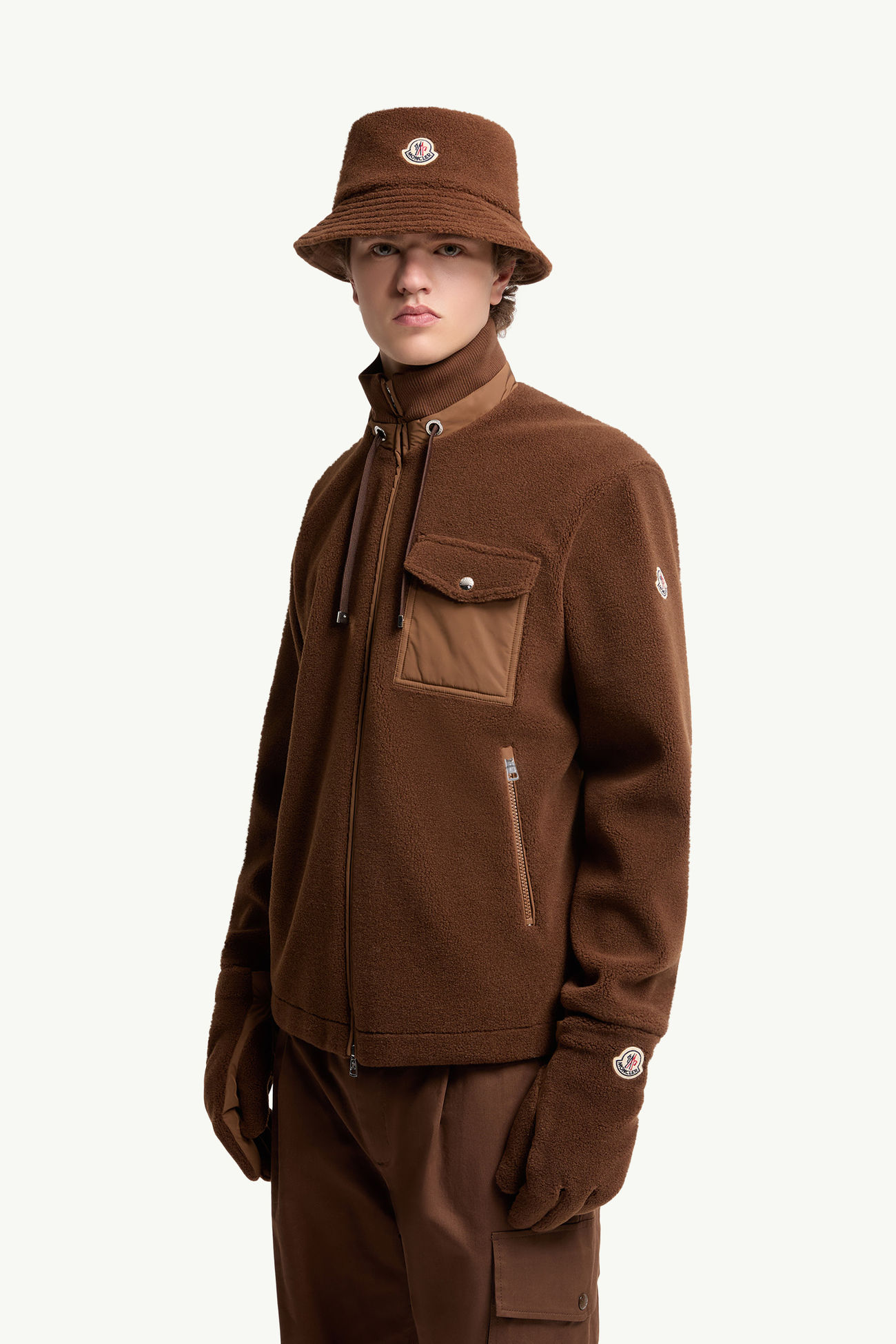 Guanti imbottiti in pile effetto teddy Uomo Marrone Scuro Moncler 1