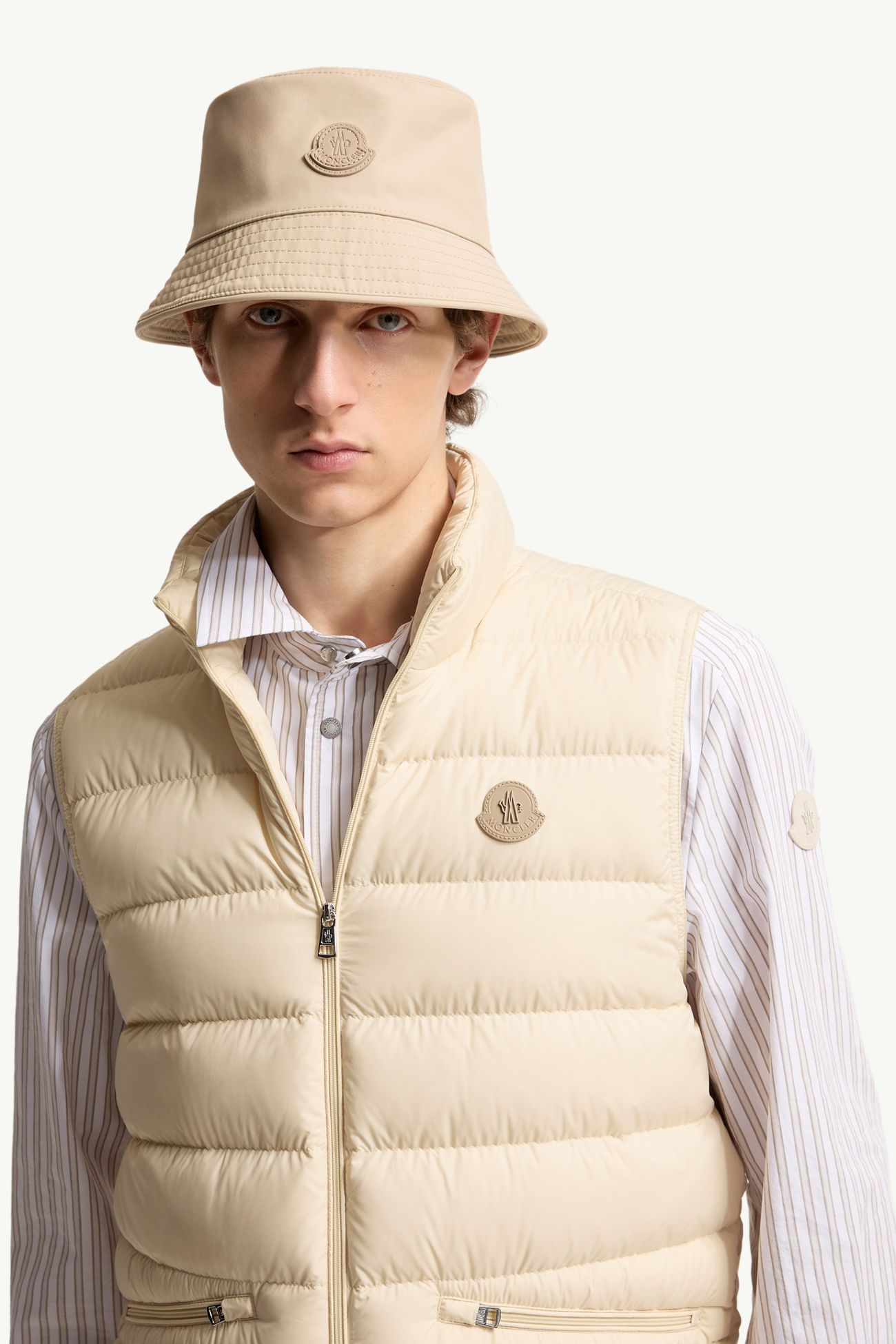 Leather Logo Cotton Blend Bucket Hat Men Light Beige Moncler 1