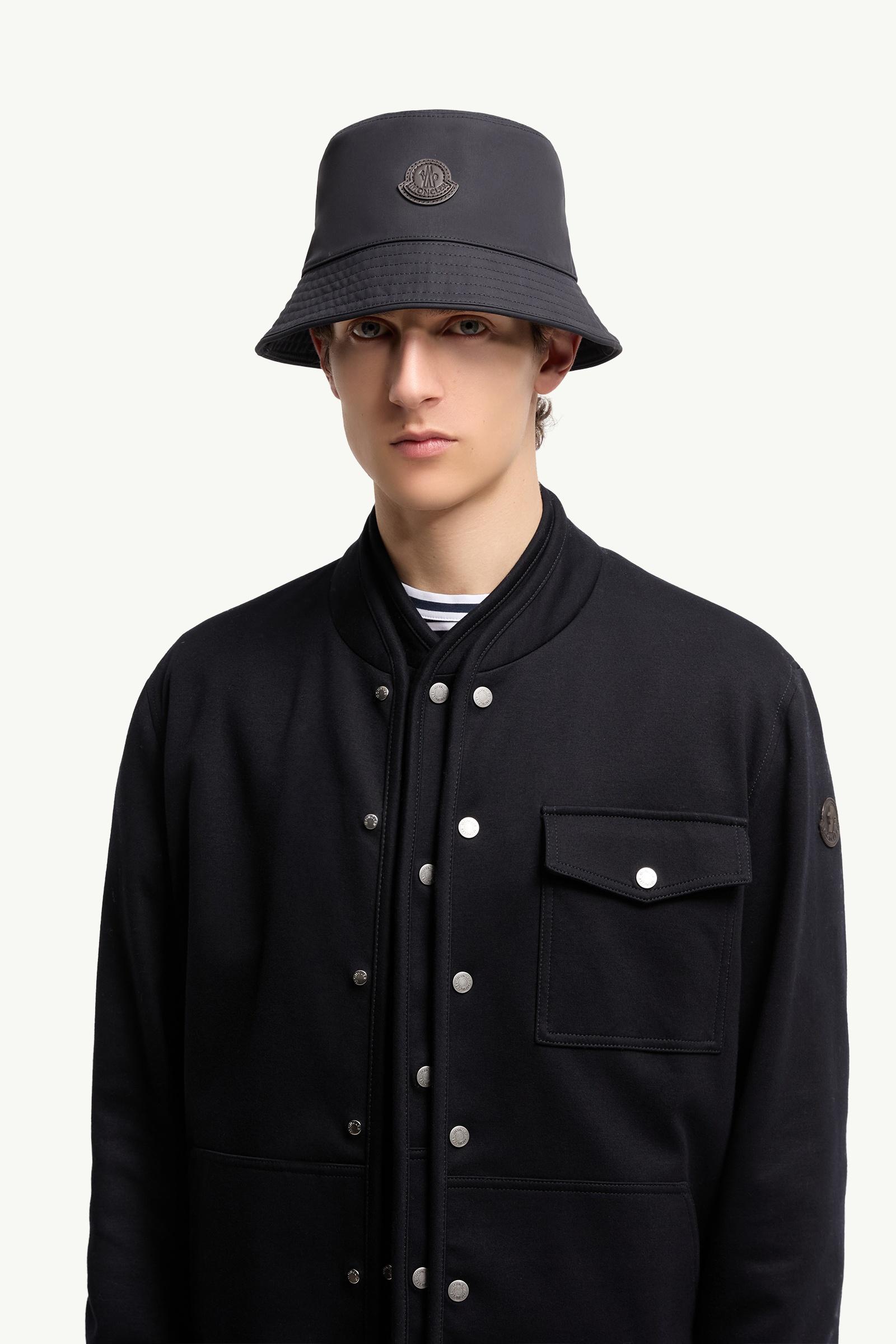 Navy Blue Leather Logo Cotton Blend Bucket Hat - Hats & Beanies