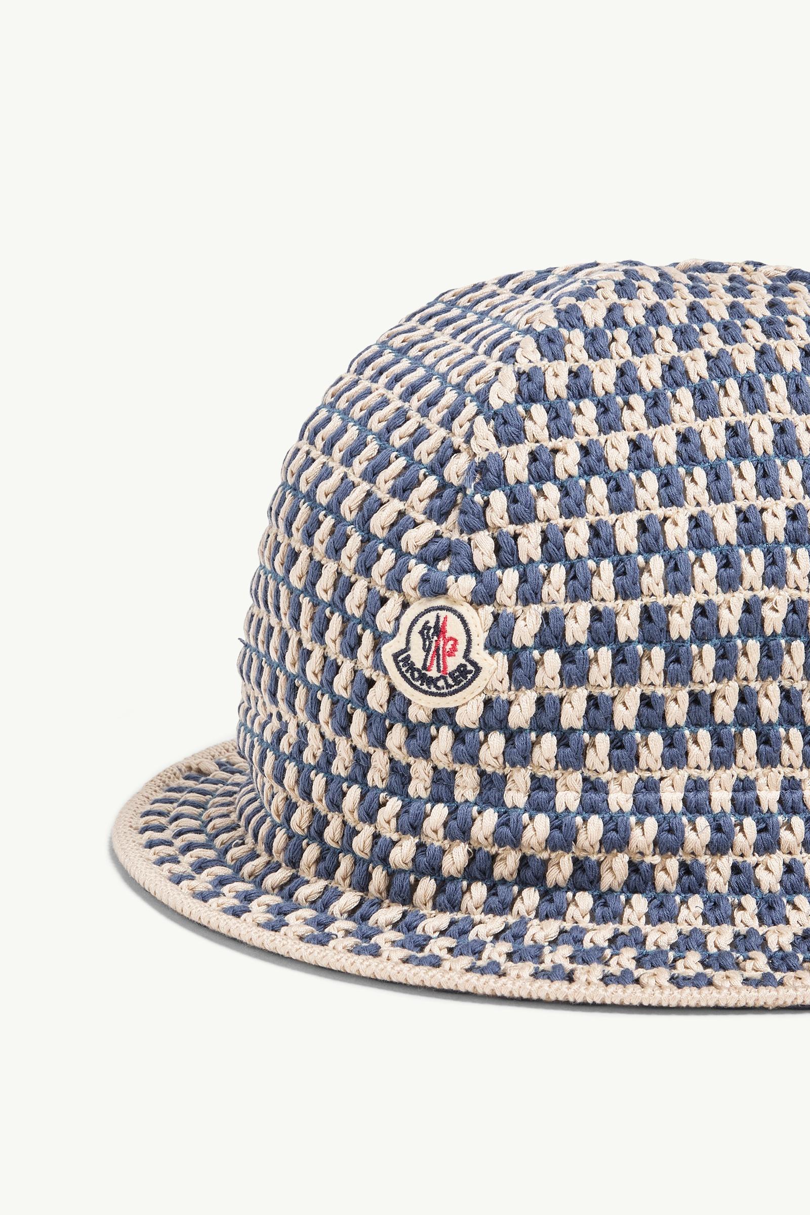 White & Blue Crochet Cotton Blend Bucket Hat - Hats & Beanies for