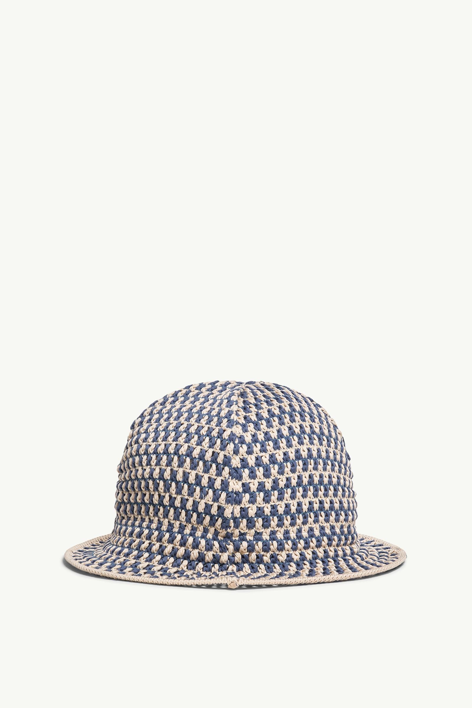 White & Blue Crochet Cotton Blend Bucket Hat - Hats & Beanies for