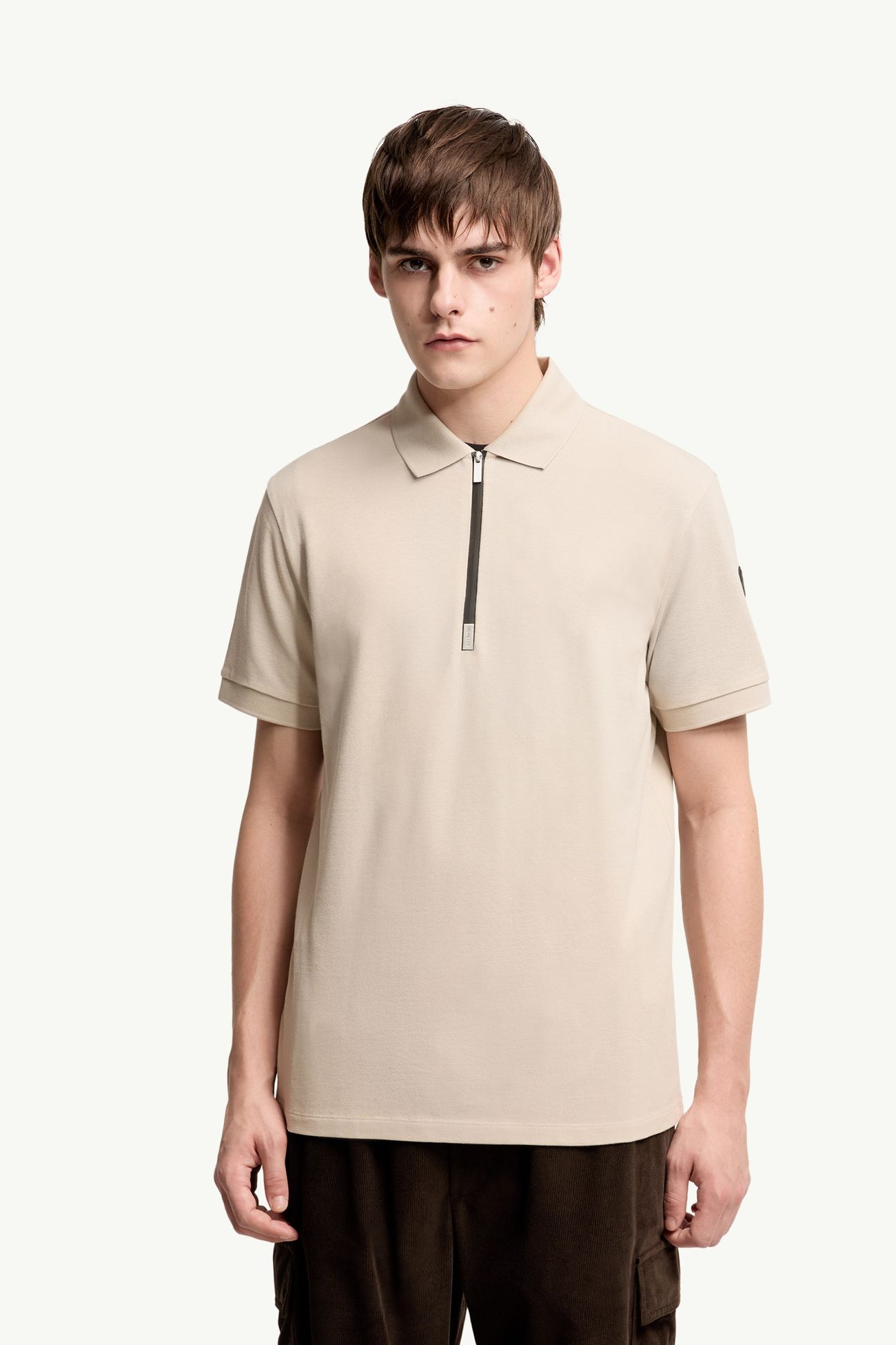 Polo semi-zippé en piqué de coton à logo Hommes Beige Clair Moncler 3