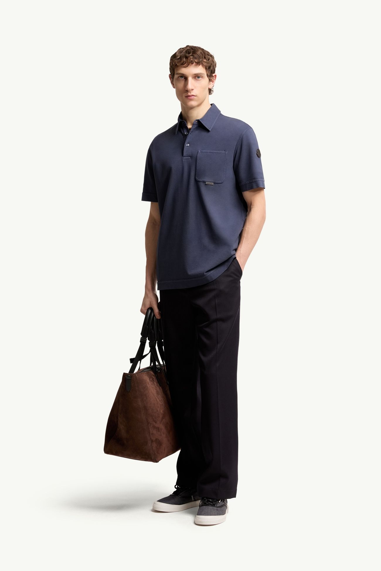 Polo in piquet di cotone con logo in pelle Uomo Blu Reale Moncler 0