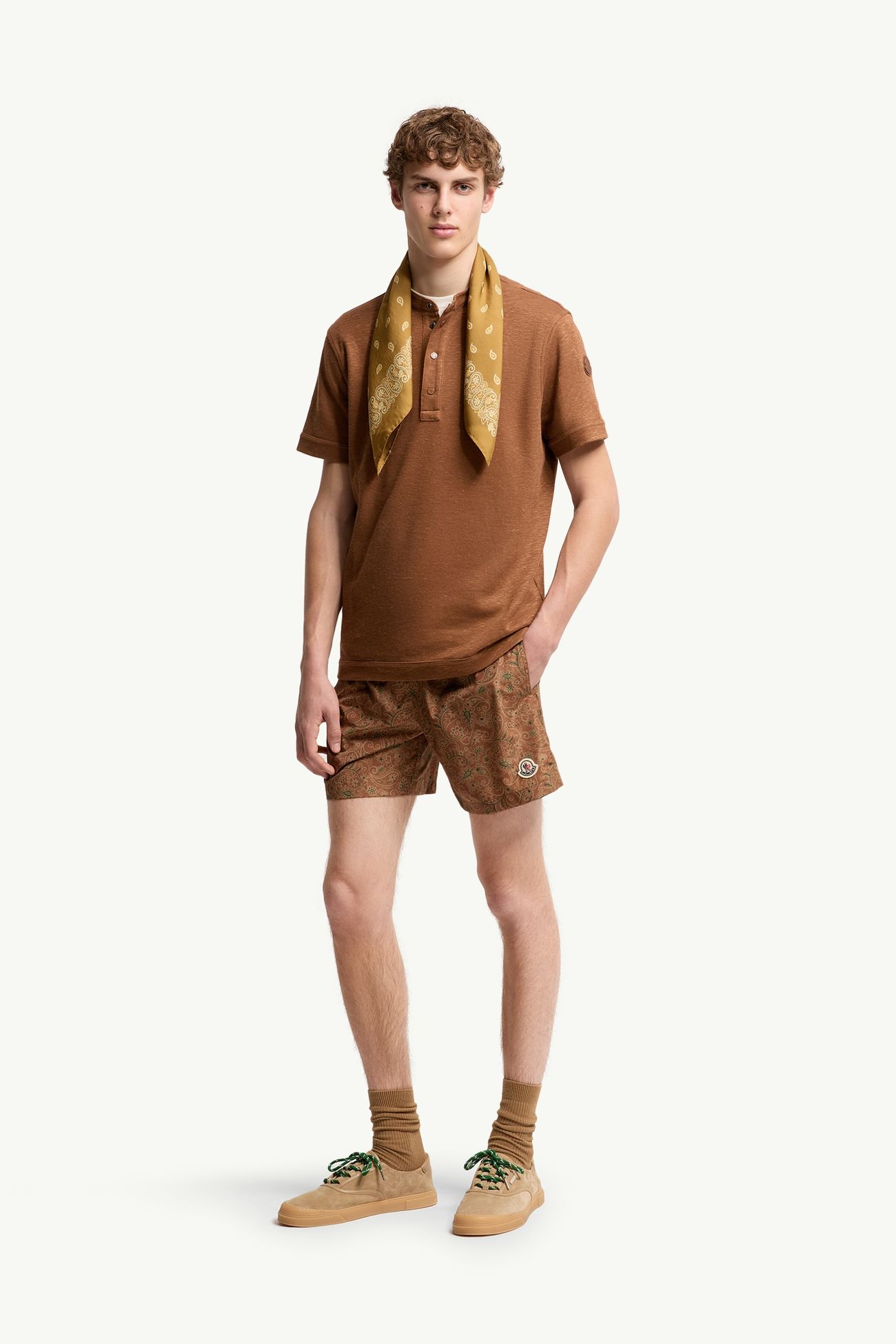 Polo in misto cotone e lino Uomo Marrone Chiaro Moncler 0