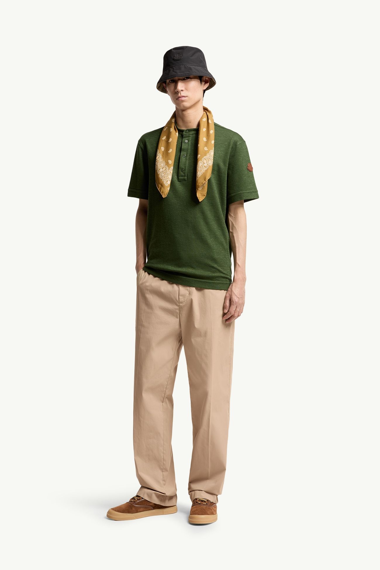 Cotton & Linen Blend Polo Shirt Men Green Moncler 0