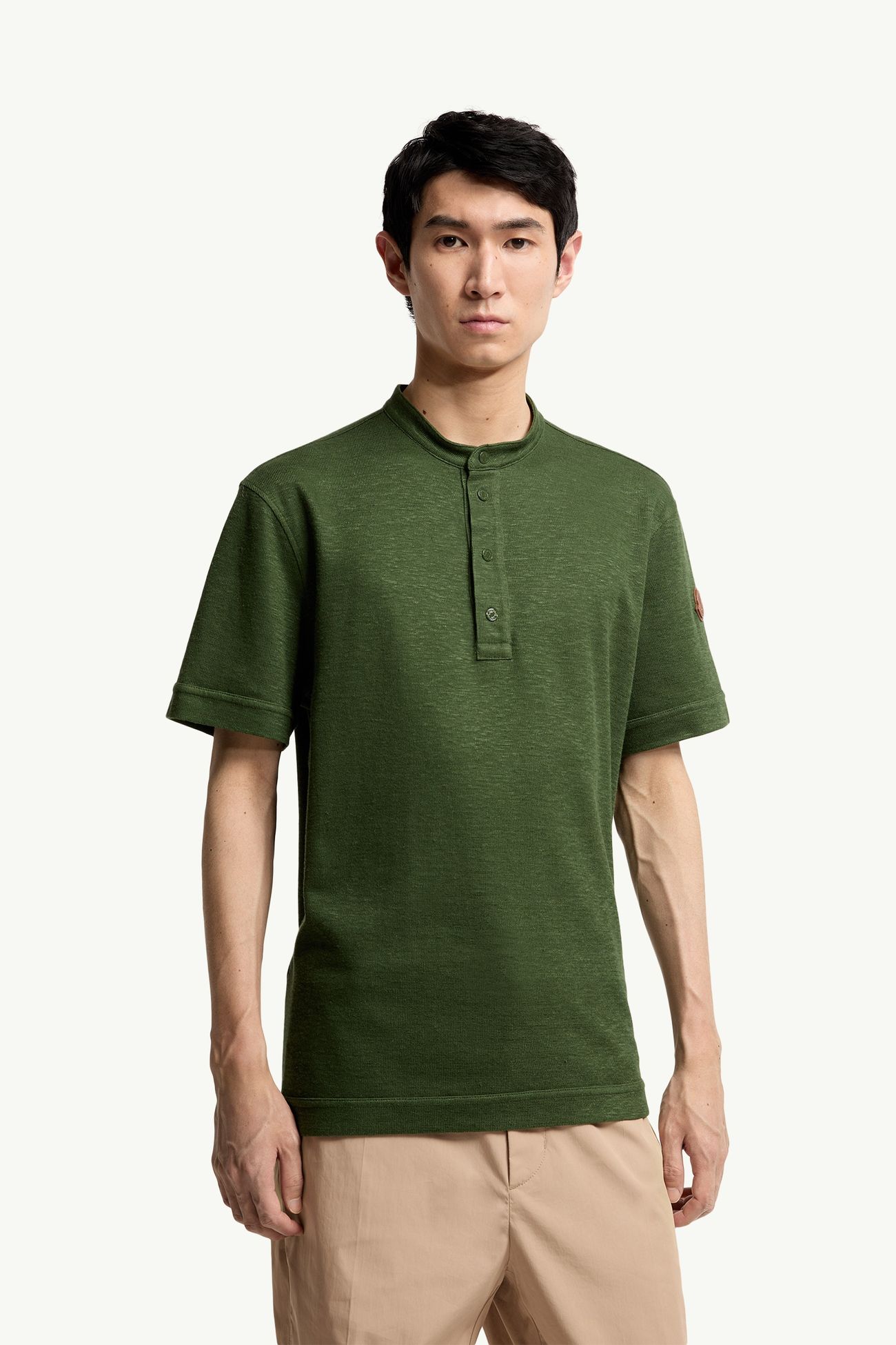 Cotton & Linen Blend Polo Shirt Men Green Moncler 3
