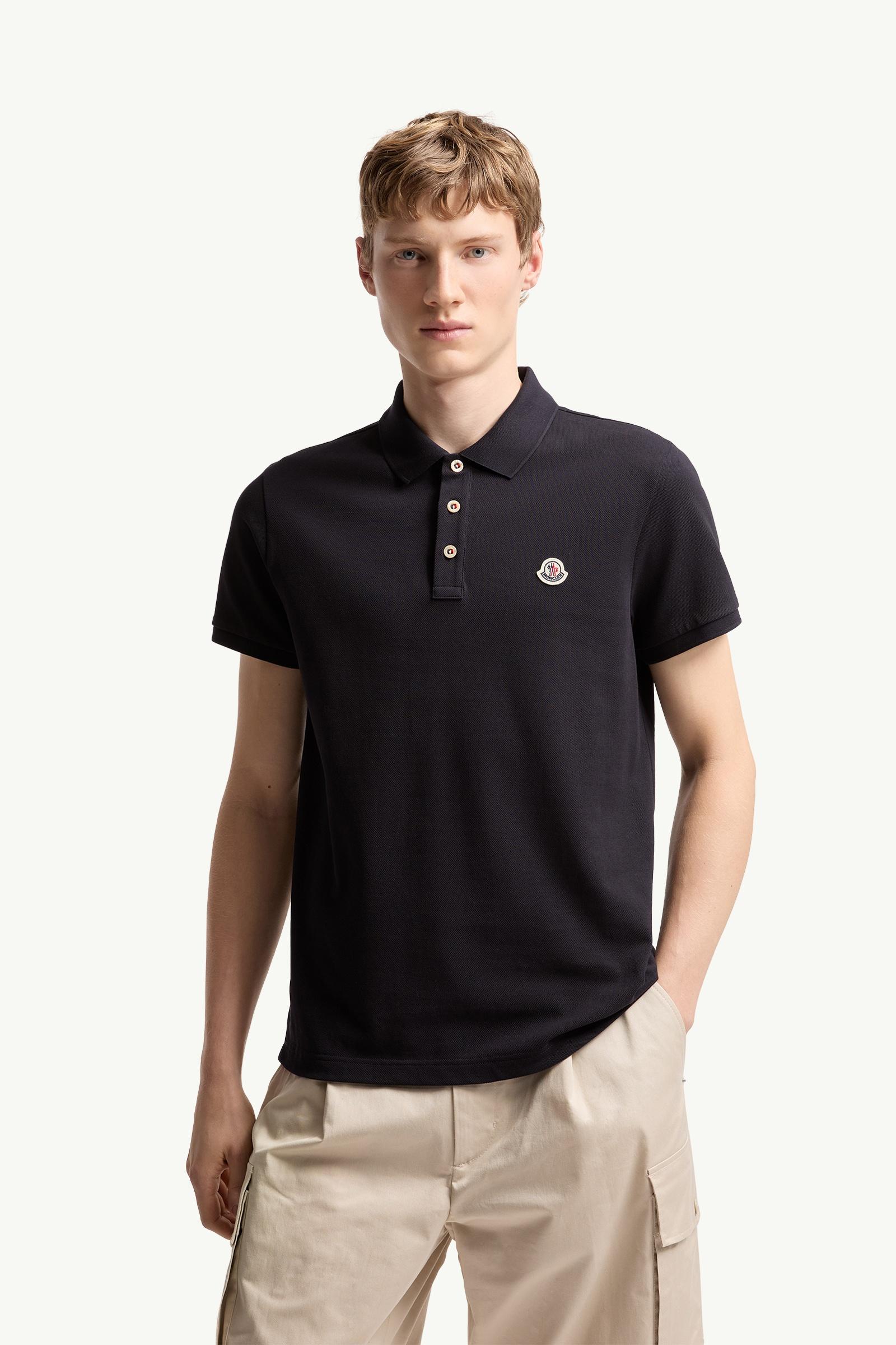 Dark Blue Logo Patch Cotton Polo Shirt - Polos & T-shirts for Men