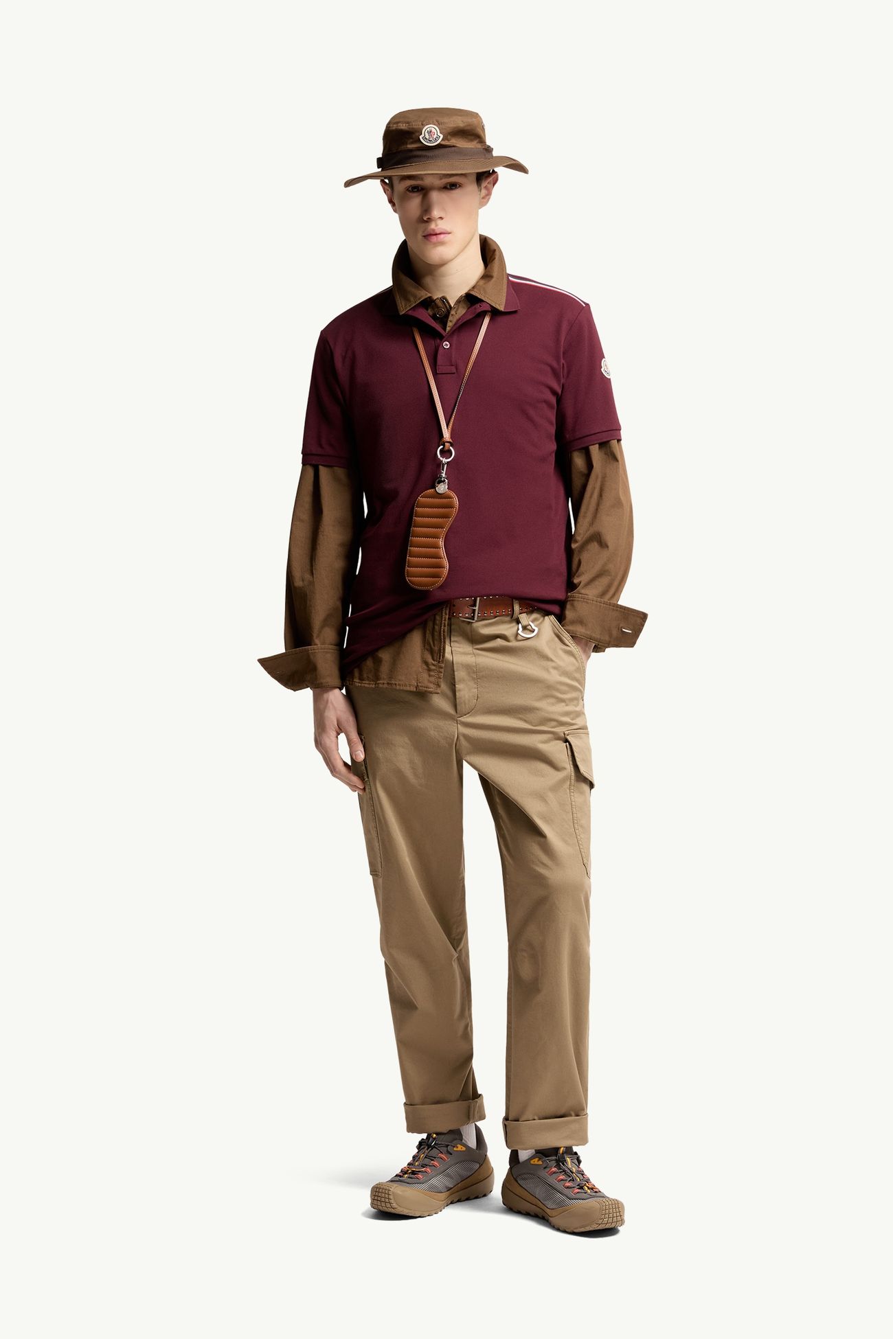 Tricolor-Trimmed Cotton Piquet Polo Shirt Men Burgundy Moncler 0