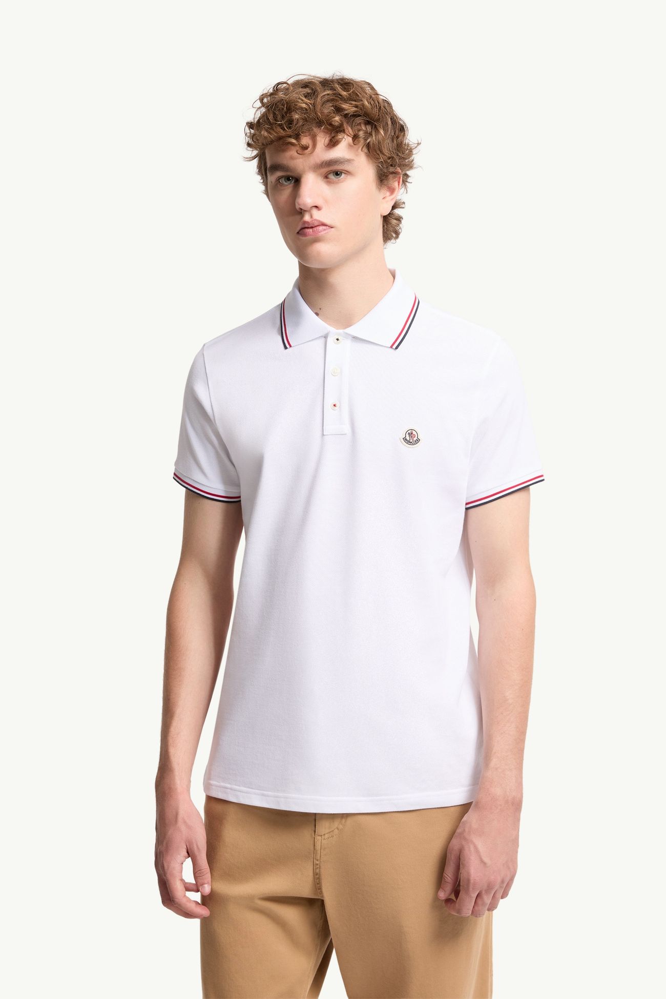 Polo de piqué de algodón con ribetes tricolor Hombre Blanco Óptico Moncler 3