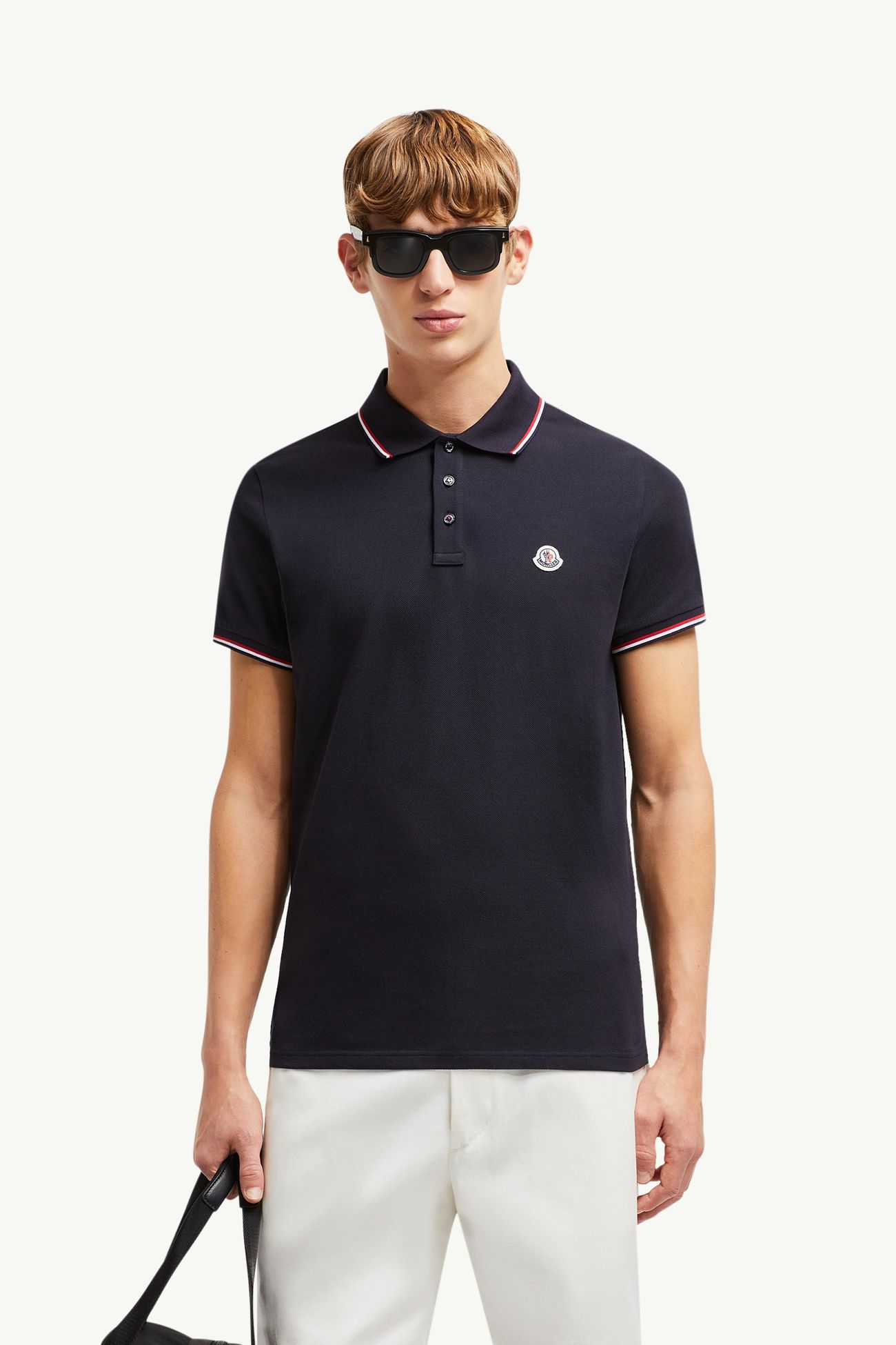Tricolour-Trimmed Cotton Piquet Polo Shirt Men Dark Blue Moncler 0