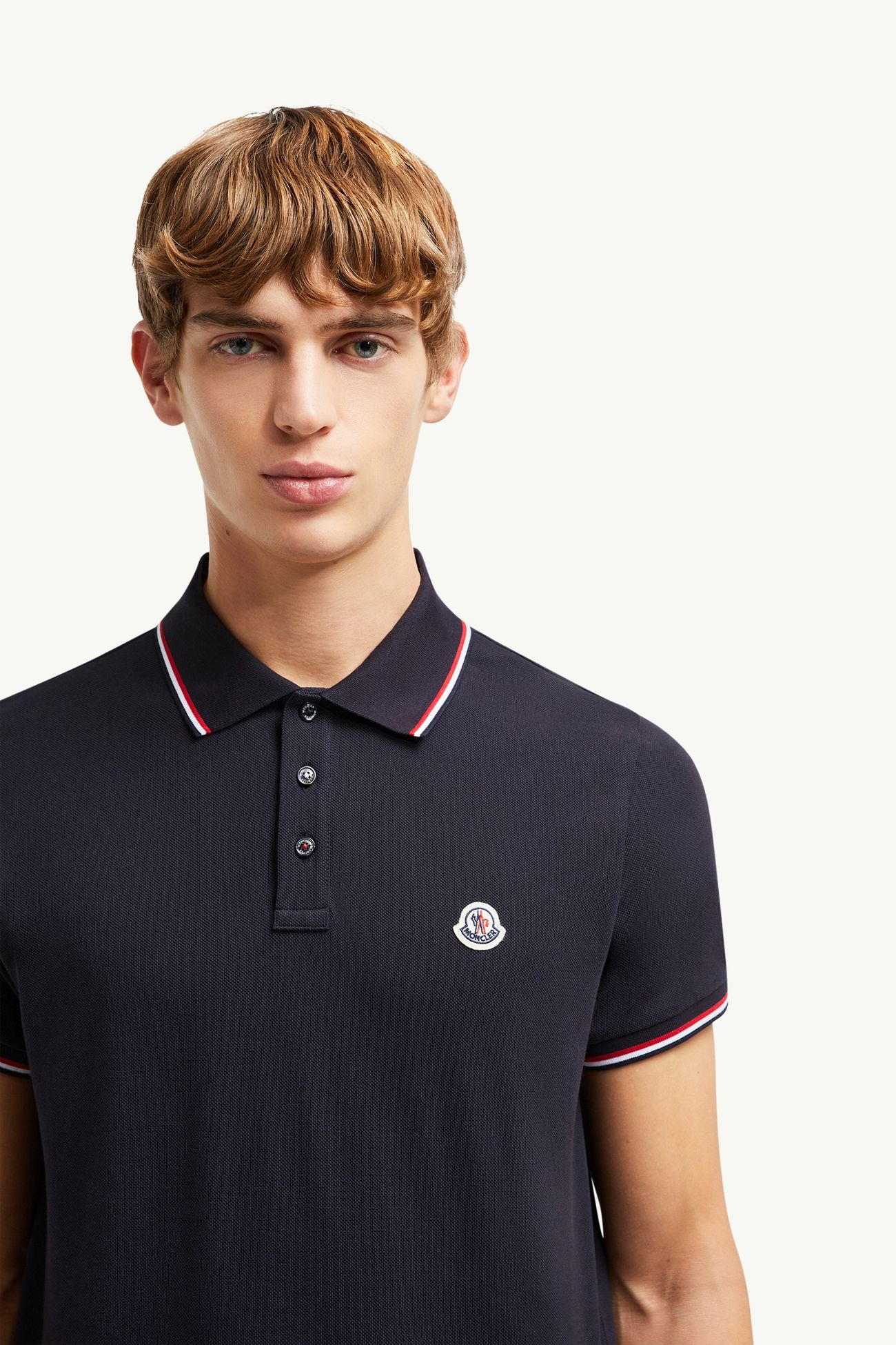 Tricolour-Trimmed Cotton Piquet Polo Shirt Men Dark Blue Moncler 1