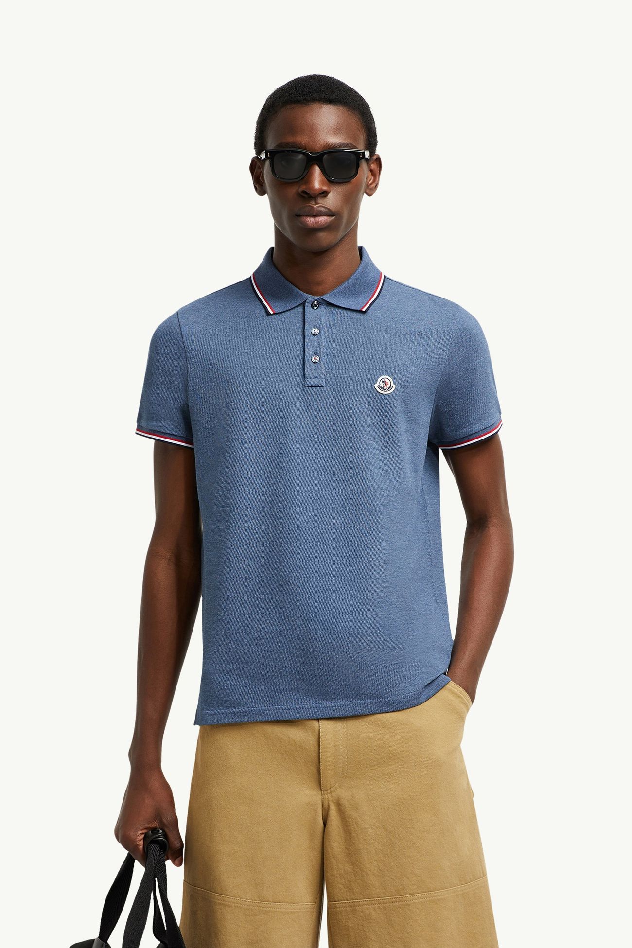 Tricolour-Trimmed Cotton Piquet Polo Shirt Men Pastel Blue Moncler 0