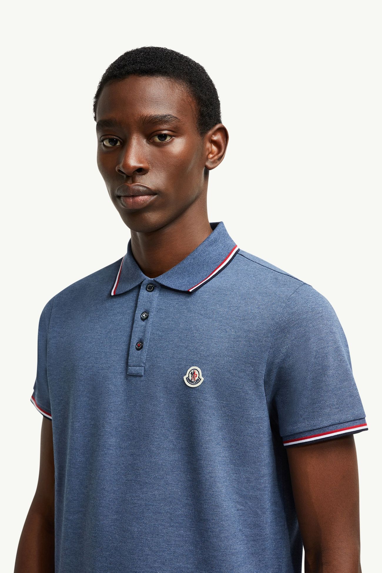 Polo de piqué de algodón con ribetes tricolor Hombre Azul pastel Moncler 1