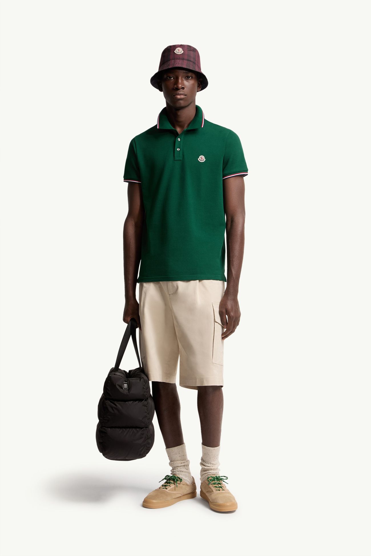 Polo in piquet di cotone con finiture tricolore Uomo Verde Foglia Moncler 0