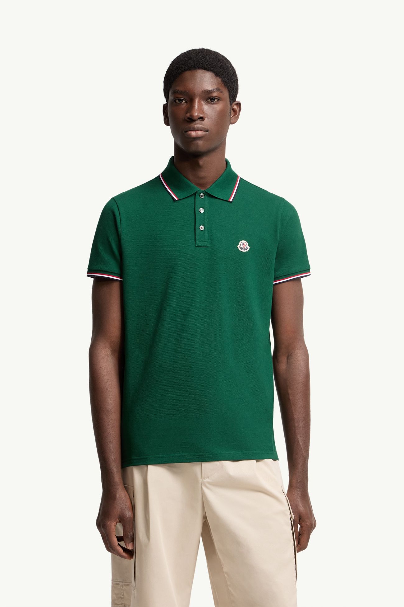 Polo de piqué de algodón con ribetes tricolor Hombre Verde Hoja Moncler 3