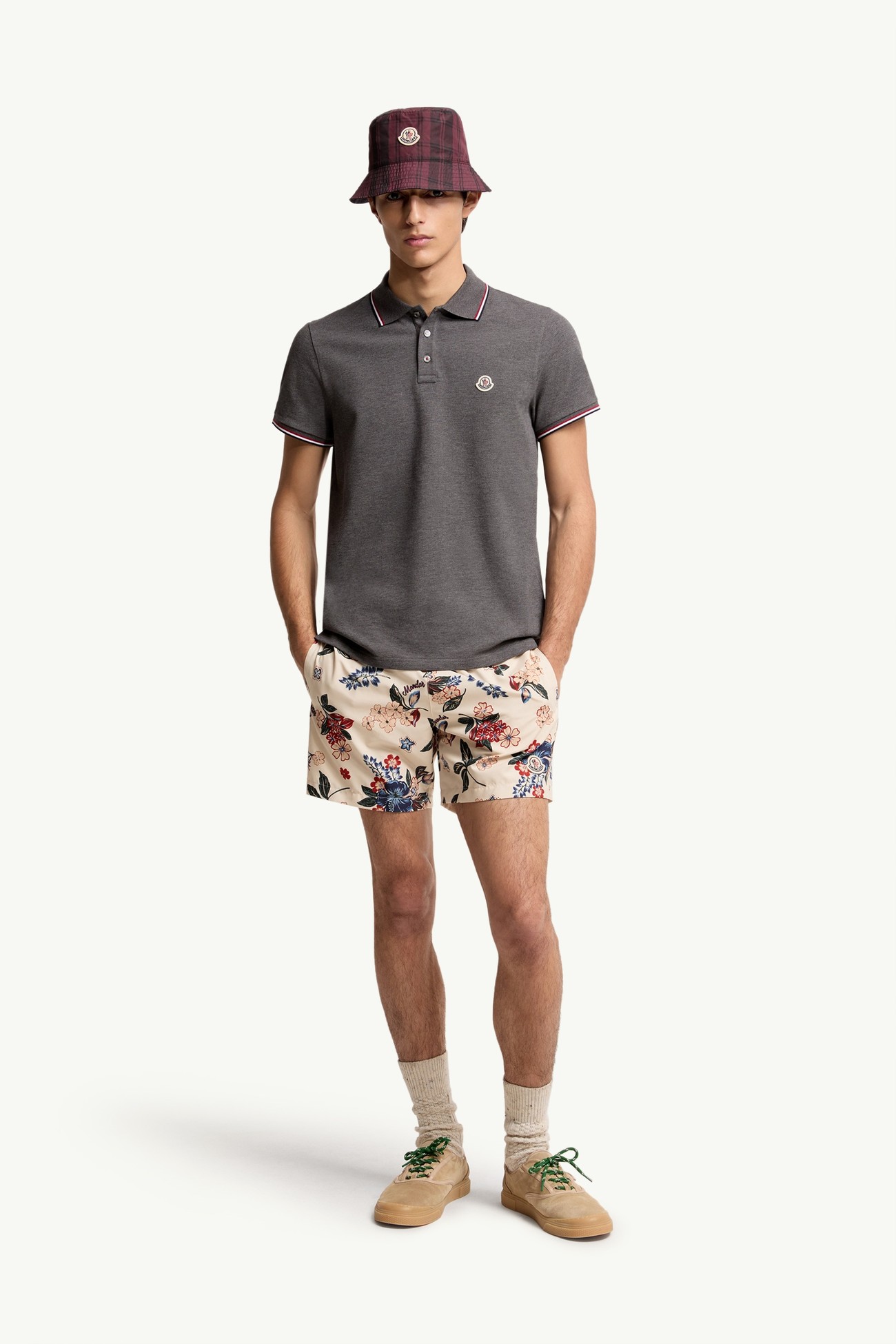 Polo de piqué de algodón con ribetes tricolor Hombre Gris oscuro Moncler 0