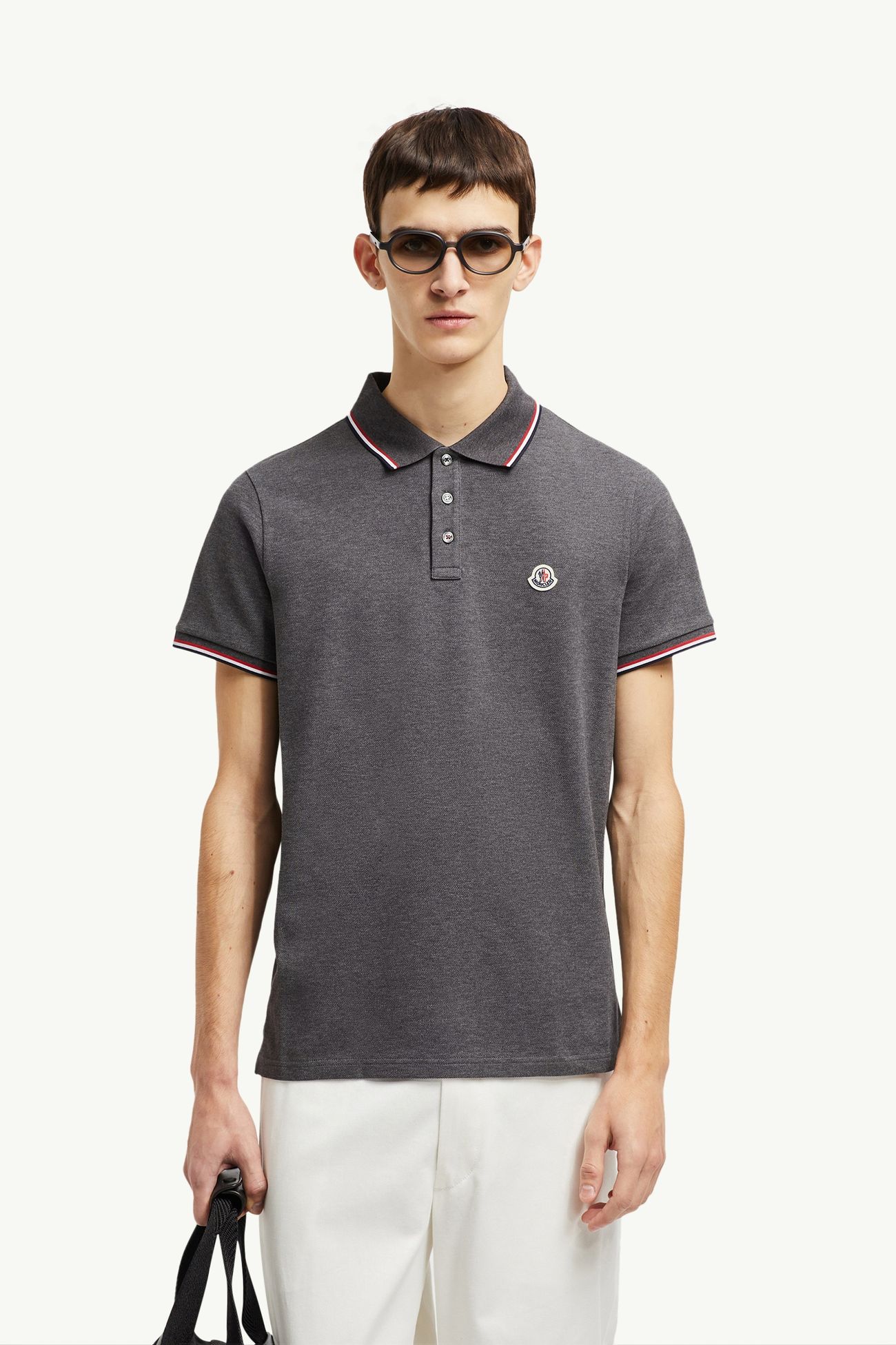 Tricolour-Trimmed Cotton Piquet Polo Shirt Men Dark Gray Moncler 0