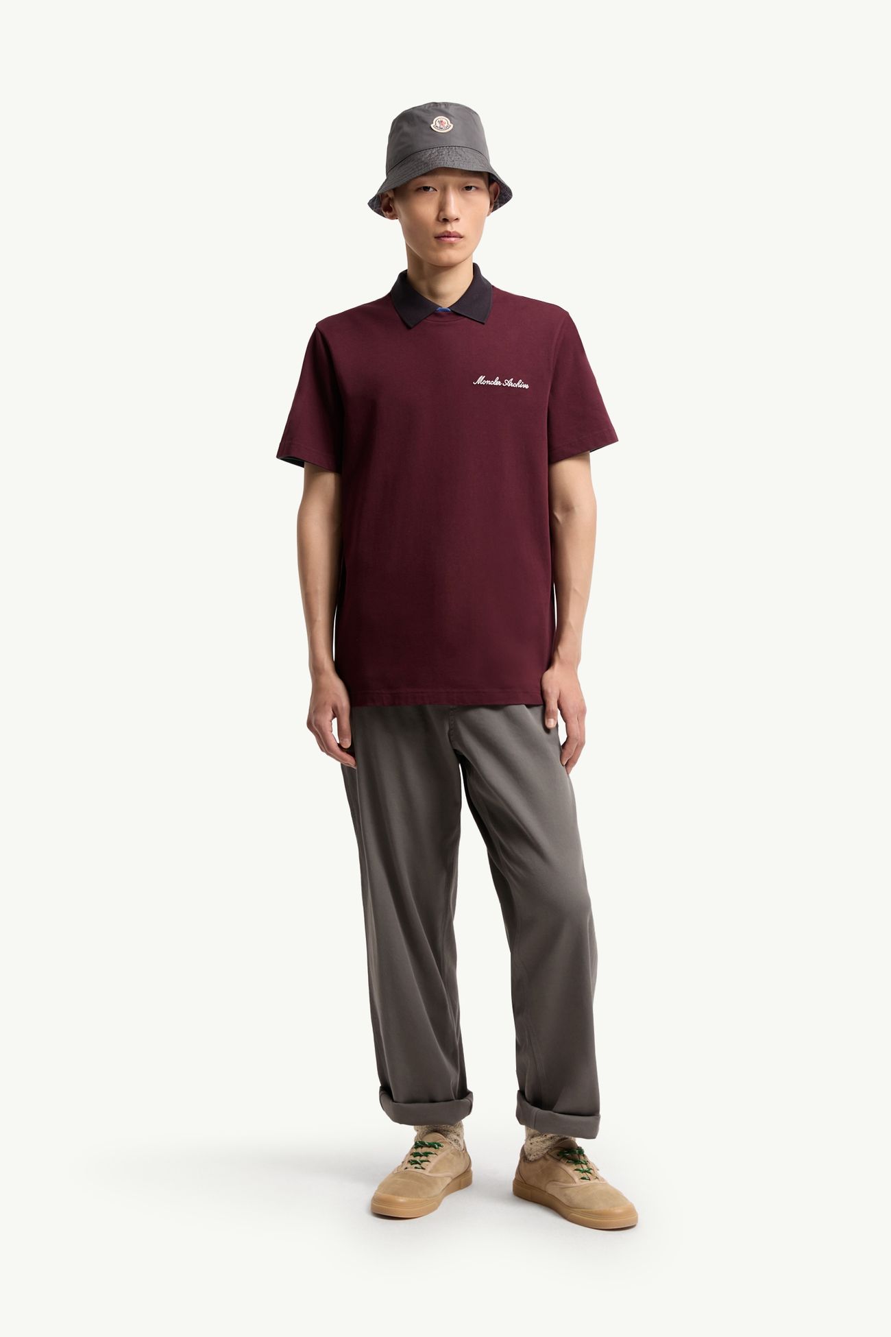 Embroidered Logo Cotton T-Shirt Men Burgundy Moncler 0