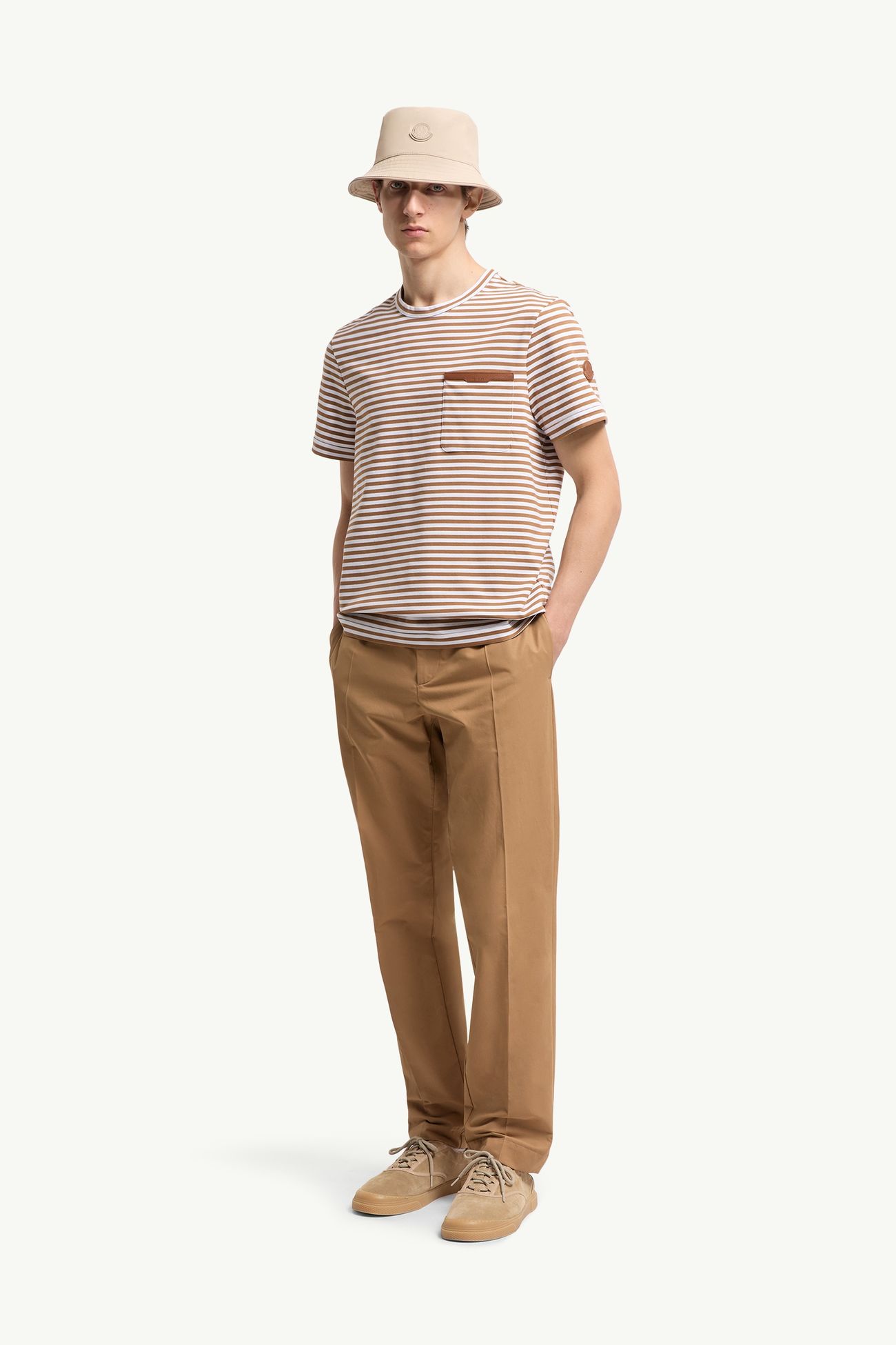 Camiseta de algodón de rayas Hombre Beige & Blanco Moncler 0