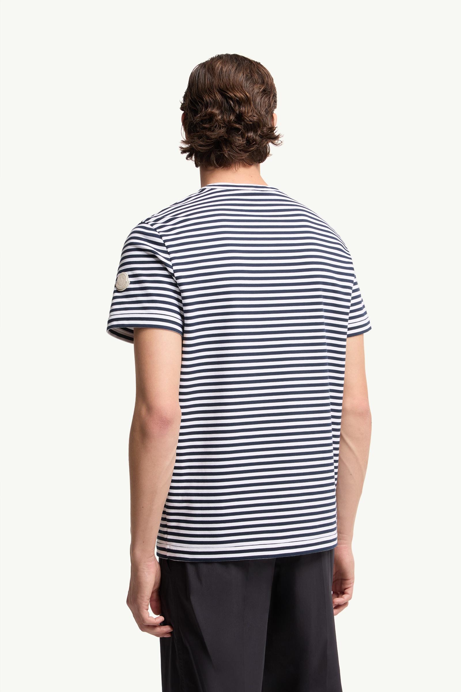 MONCLER ネイビーとホワイトストライプ Tシャツ White & Blue Striped Cotton T-Shirt - Polos & T-shirts for Men
