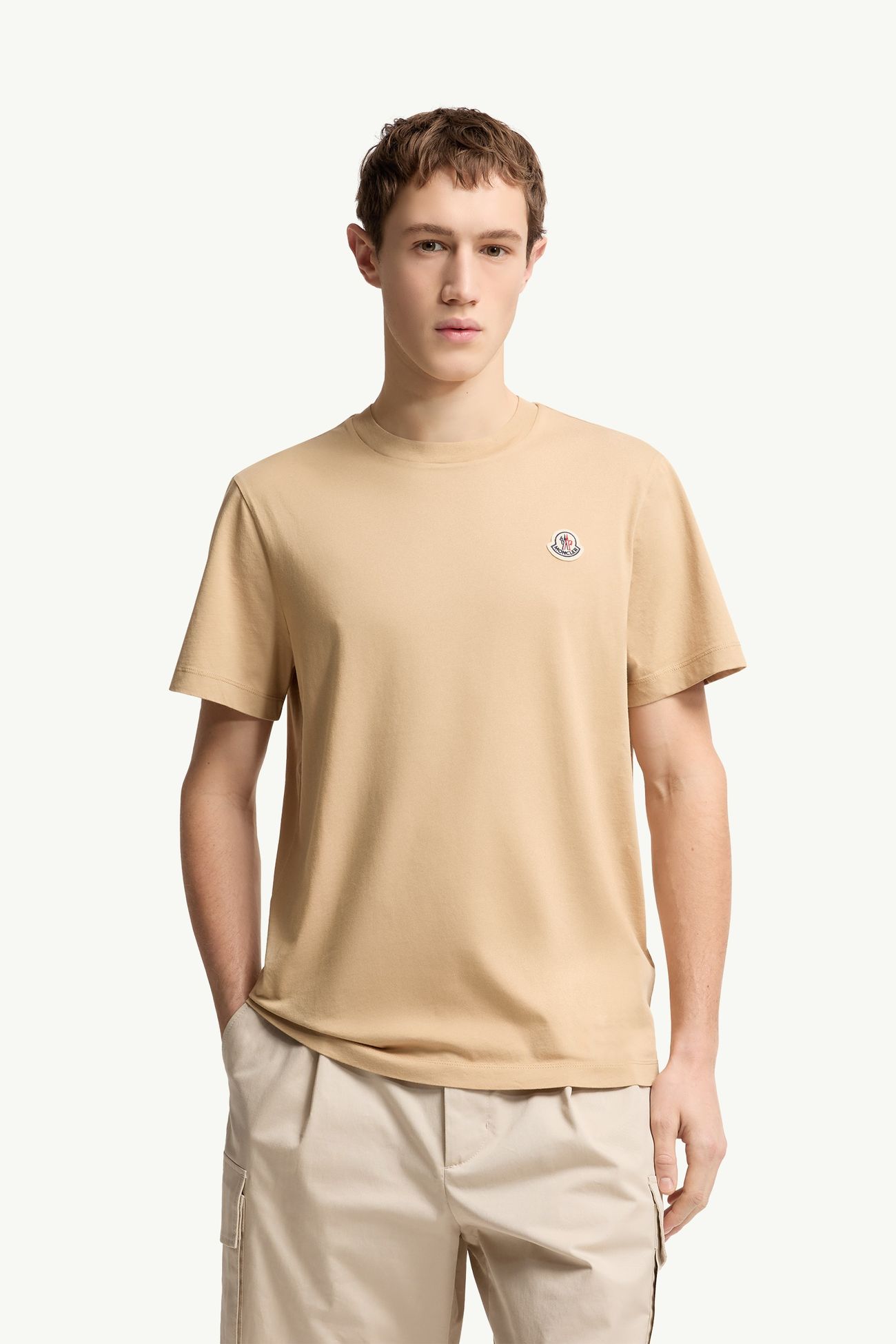 T-shirt in cotone con patch logato (Set da tre) Uomo Bianco, Beige e Blu Navy Moncler 3