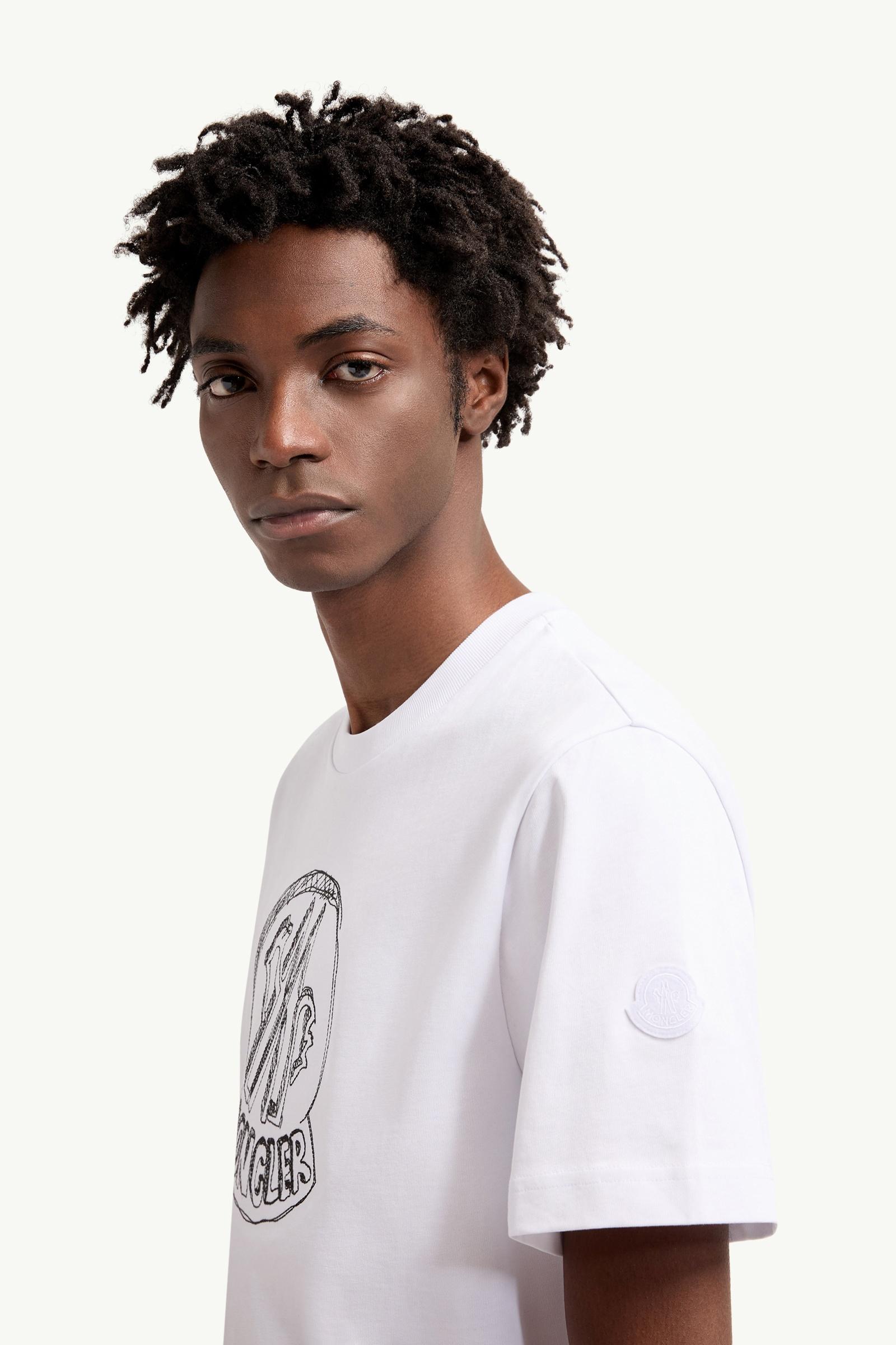 White Sketch Embroidered Logo Cotton T-Shirt - Polos & T-shirts