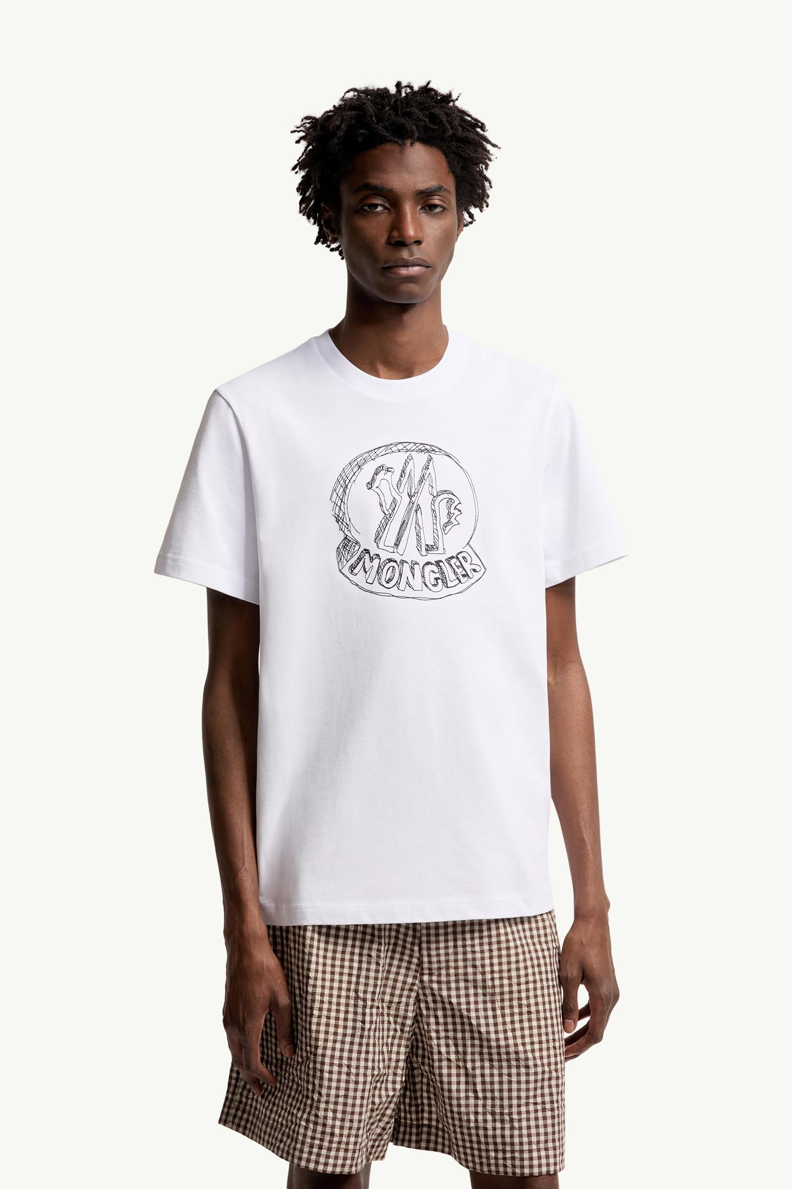 White Sketch Embroidered Logo Cotton T-Shirt - Polos & T-shirts