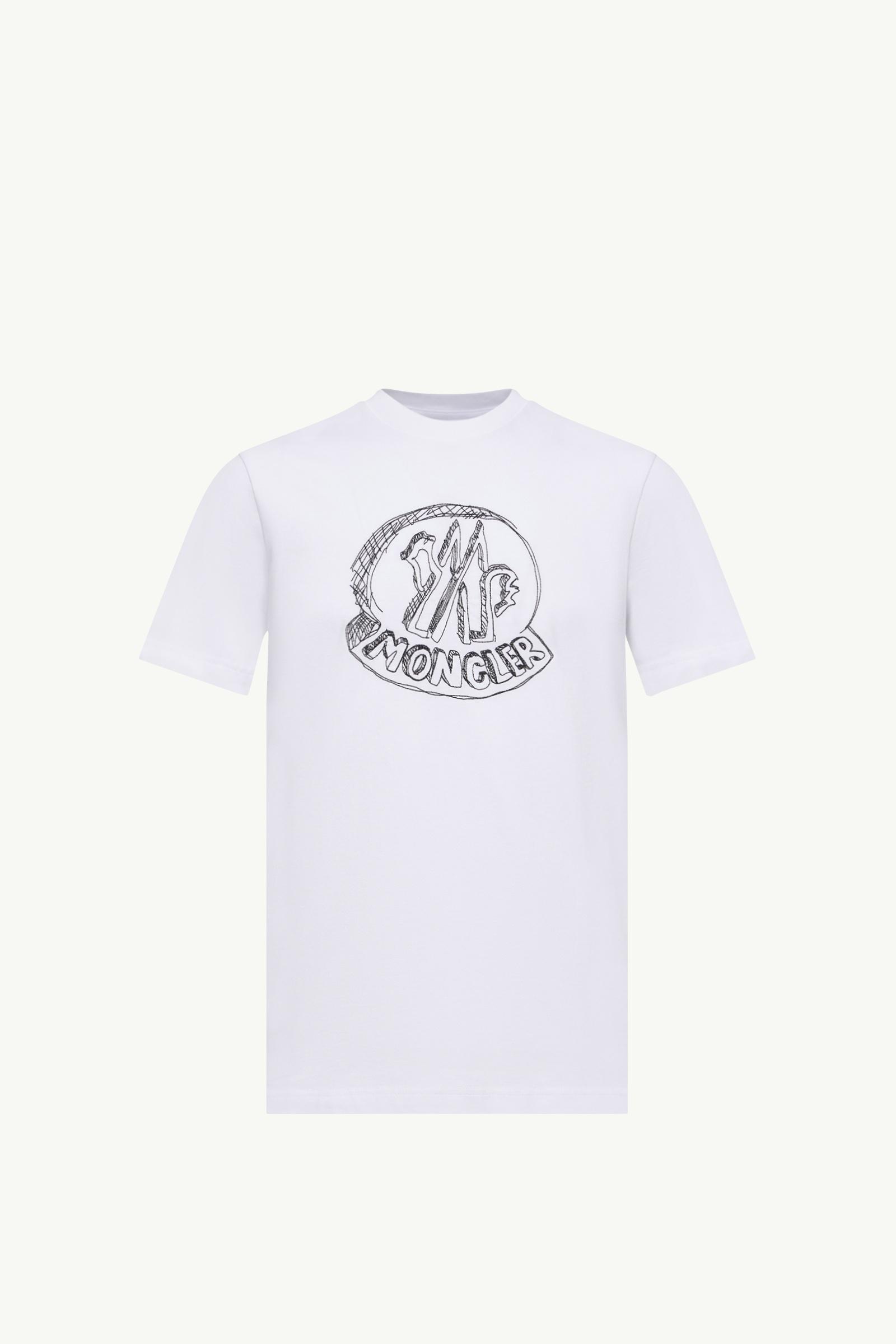 White Sketch Embroidered Logo Cotton T-Shirt - Polos & T-shirts