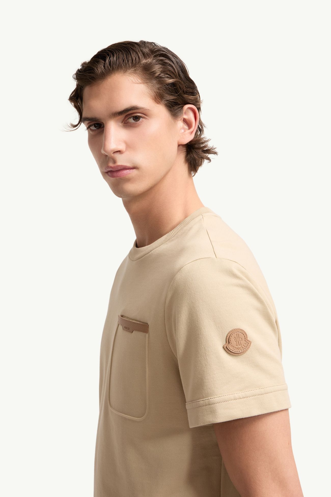 Camiseta de algodón con ribete de piel Hombre Beige Claro Moncler 1