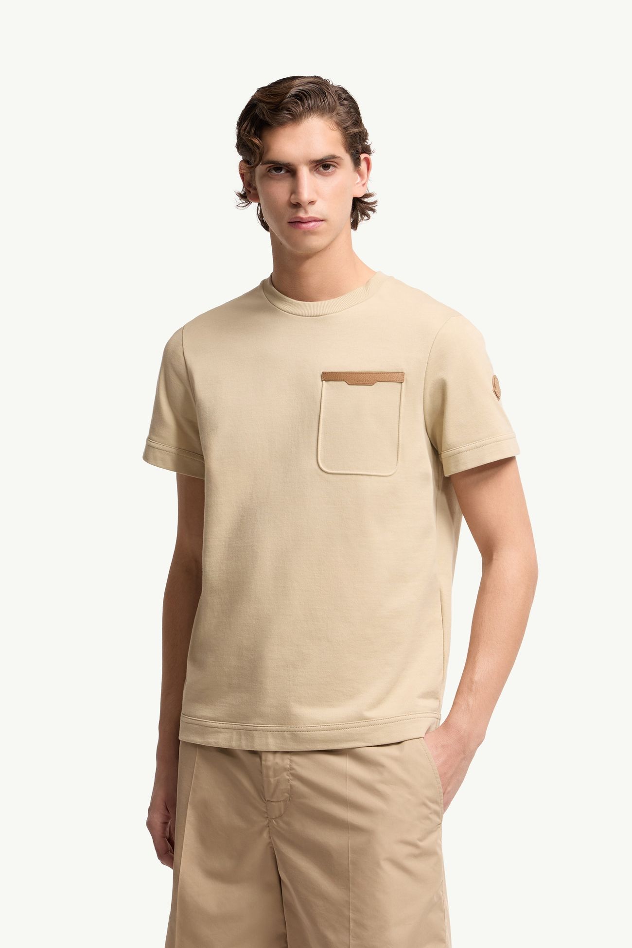 T-shirt in cotone con finiture in pelle Uomo Beige Chiaro Moncler 3