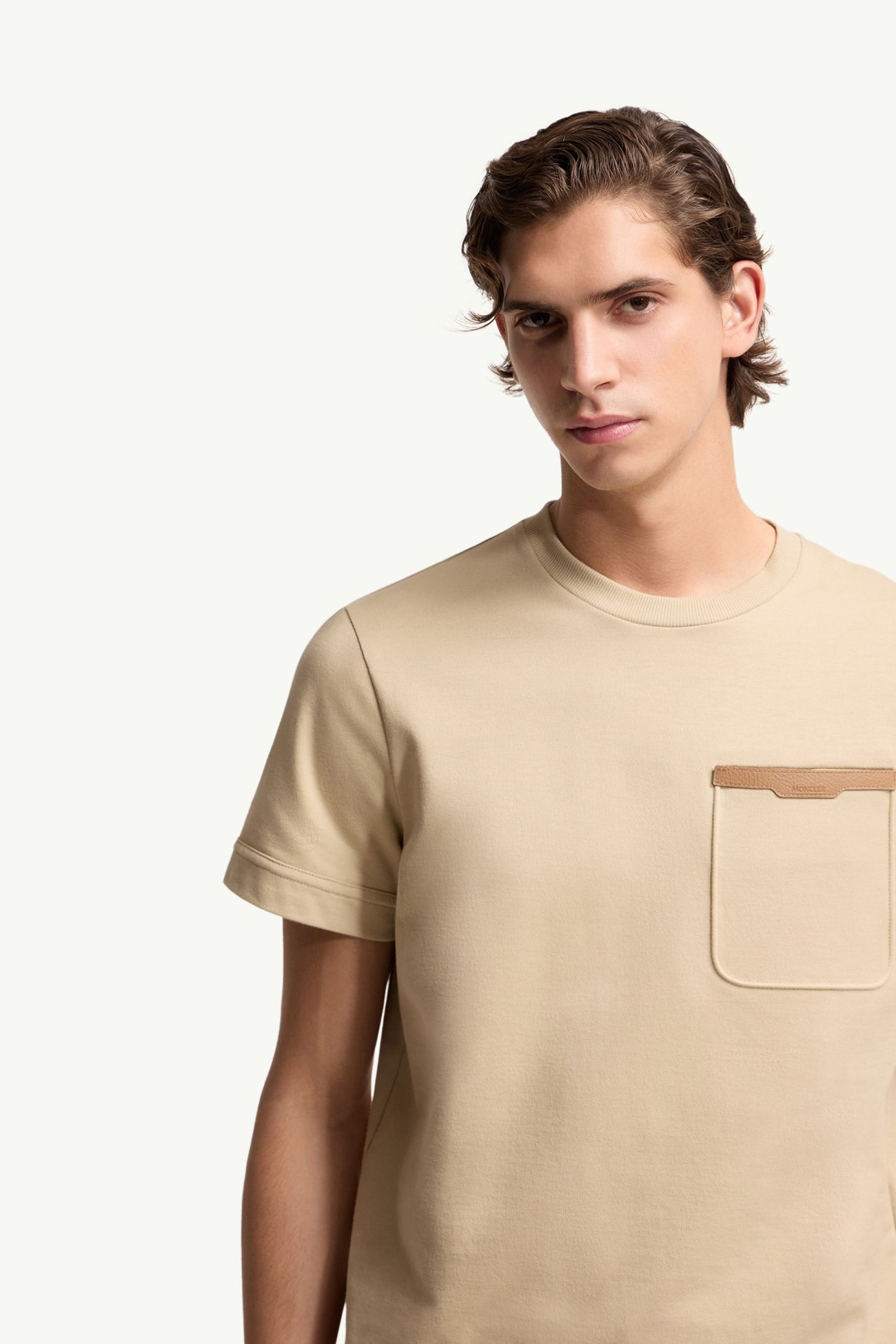 T-Shirt aus Baumwolle mit Lederbesatz Herren Hellbeige Moncler 5