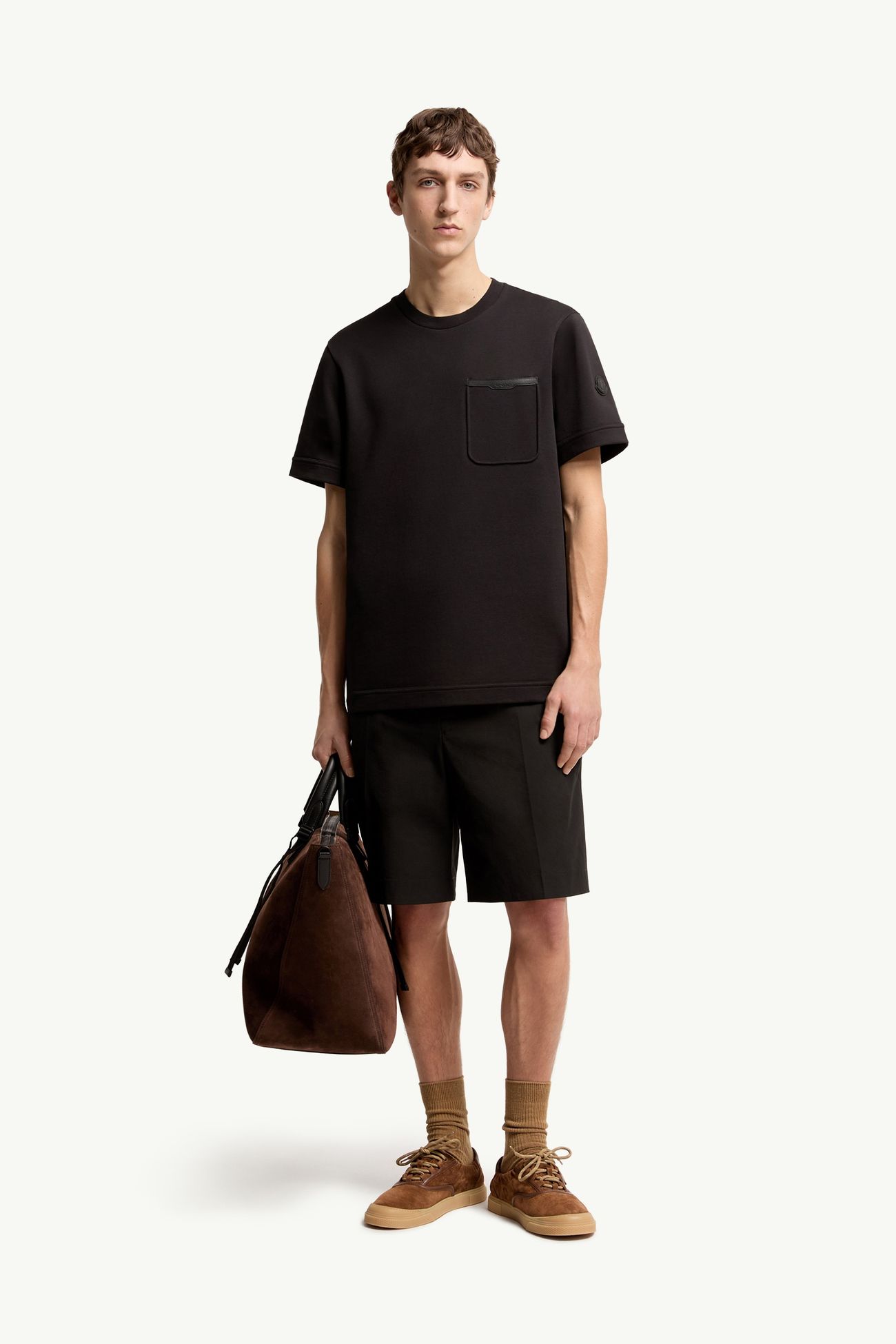 T-shirt in cotone con finiture in pelle Uomo Nero Moncler 0