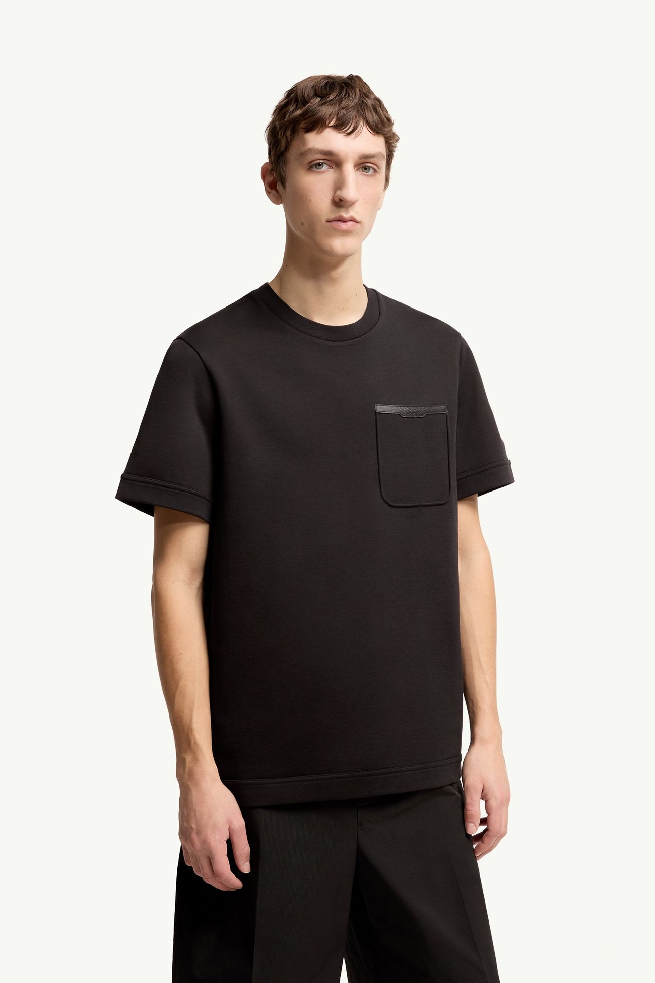 T-shirt en coton à bordures en cuir Hommes Noir Moncler 3
