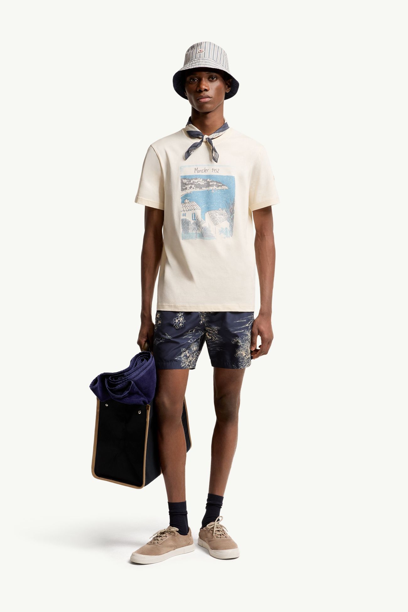 T-Shirt aus Baumwolle mit Strandprint Herren Weiß-Elfenbein Moncler 0