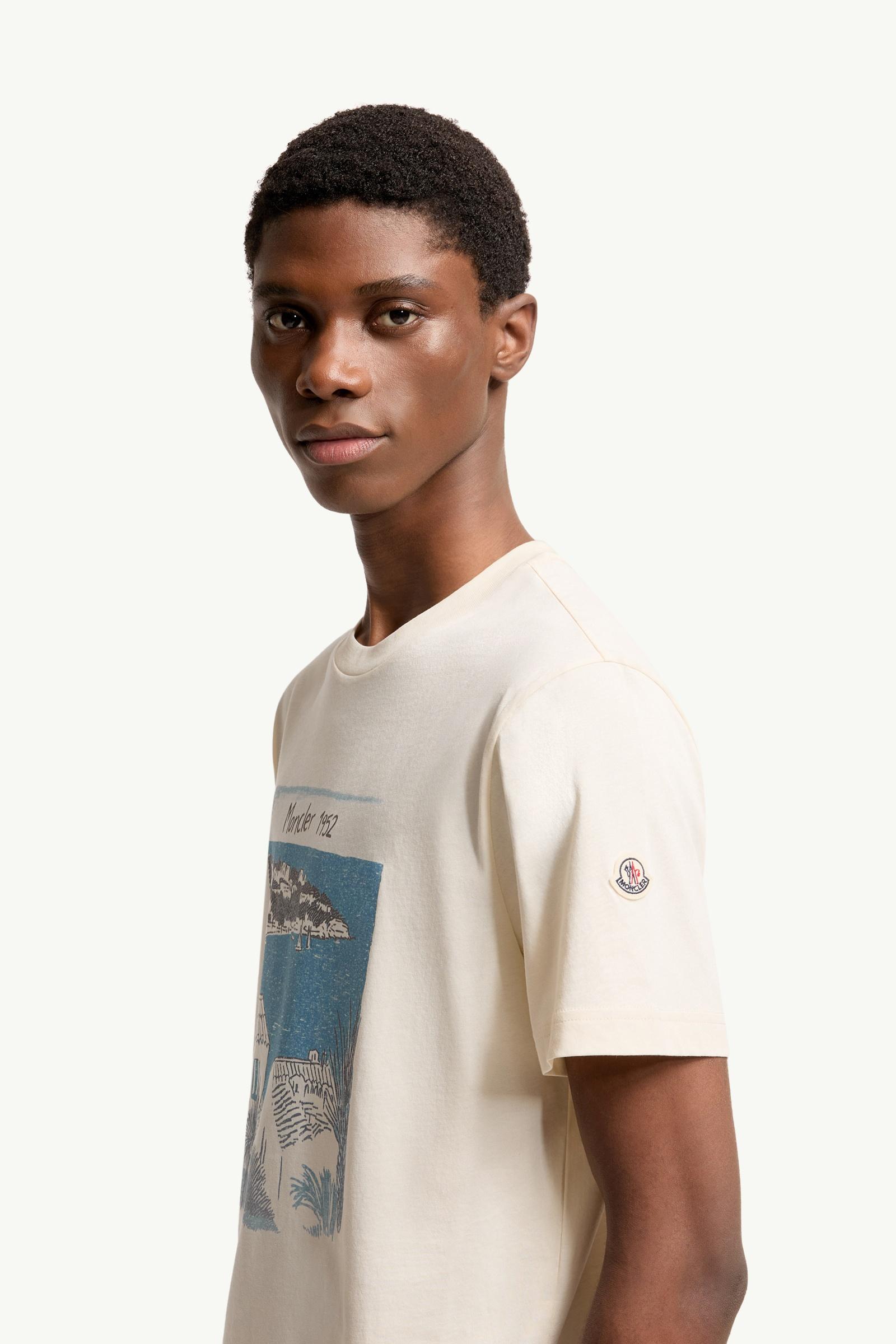 White Ivory Seaside Print Cotton T-Shirt - Polos & T-shirts for