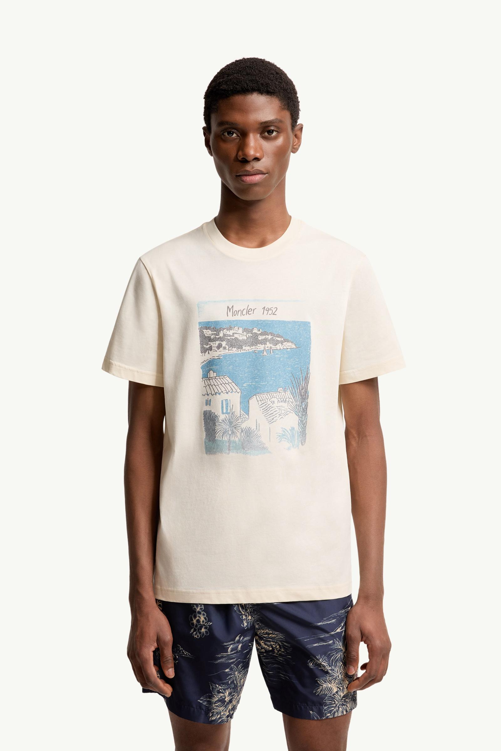 White Ivory Seaside Print Cotton T-Shirt - Polos & T-shirts for