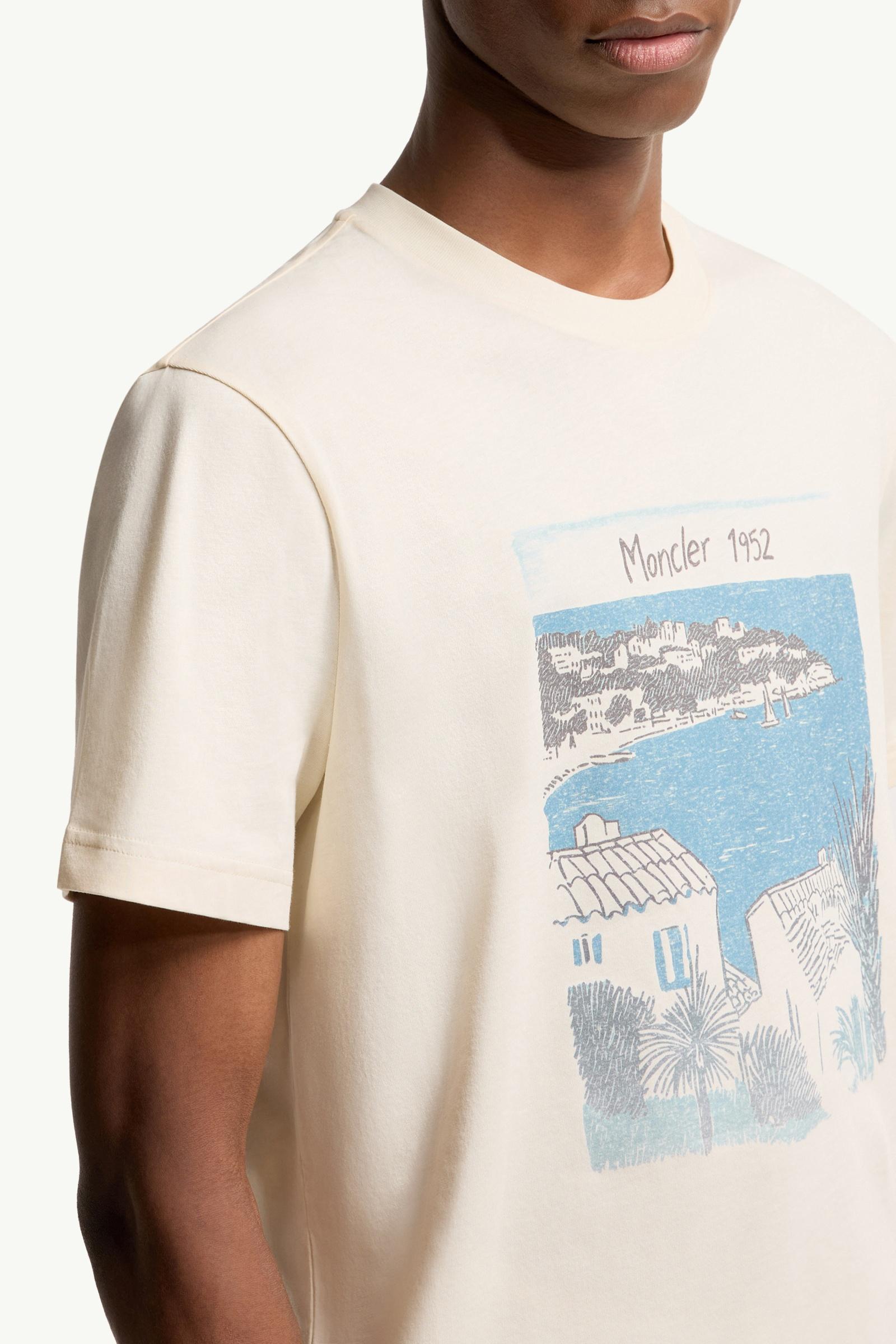 White Ivory Seaside Print Cotton T-Shirt - Polos & T-shirts for