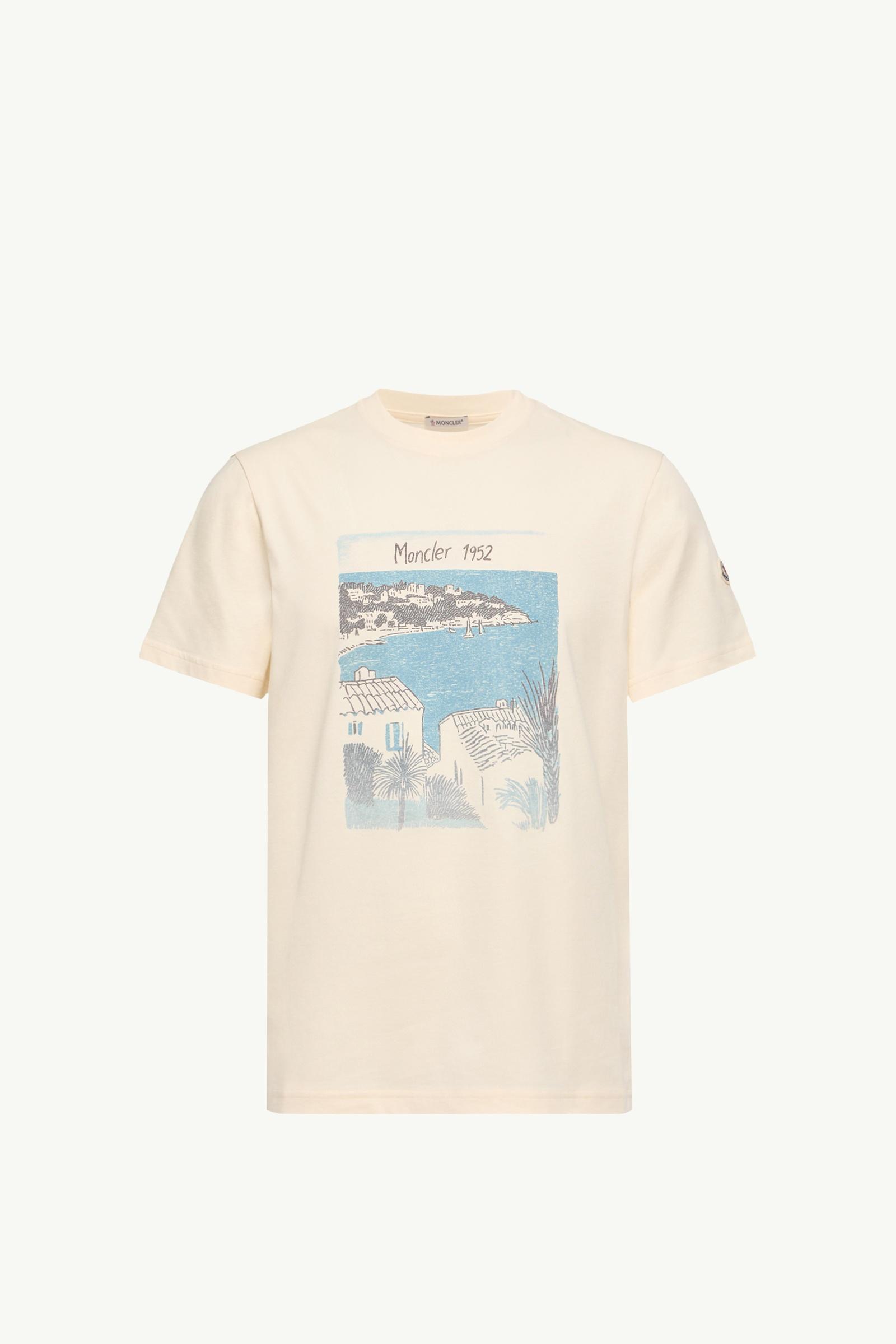 White Ivory Seaside Print Cotton T-Shirt - Polos & T-shirts for
