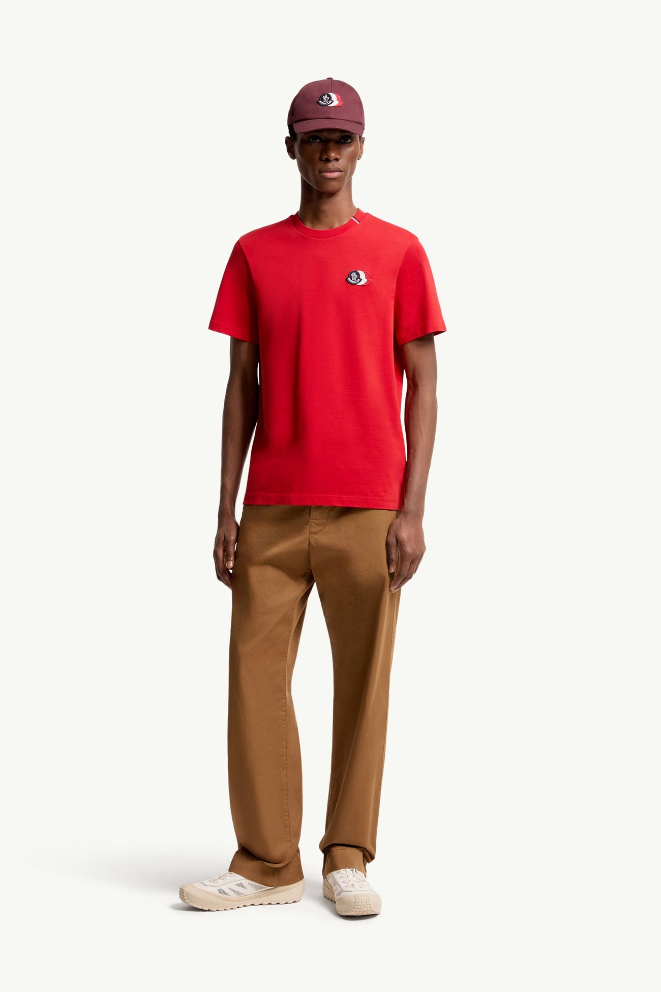 T-shirt in cotone con logo tricolore ricamato Uomo Rosso Moncler 0