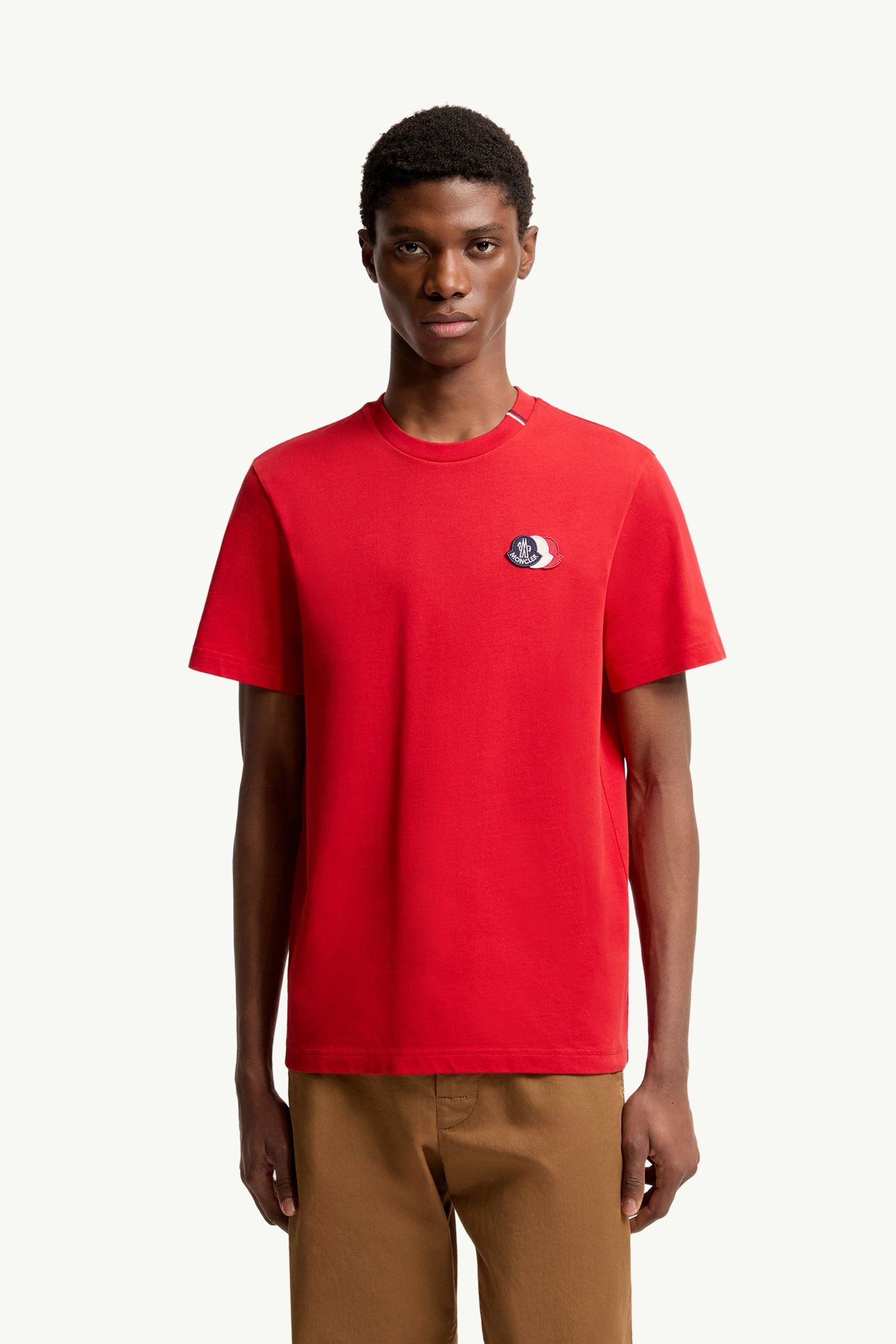 T-shirt in cotone con logo tricolore ricamato Uomo Rosso Moncler 3